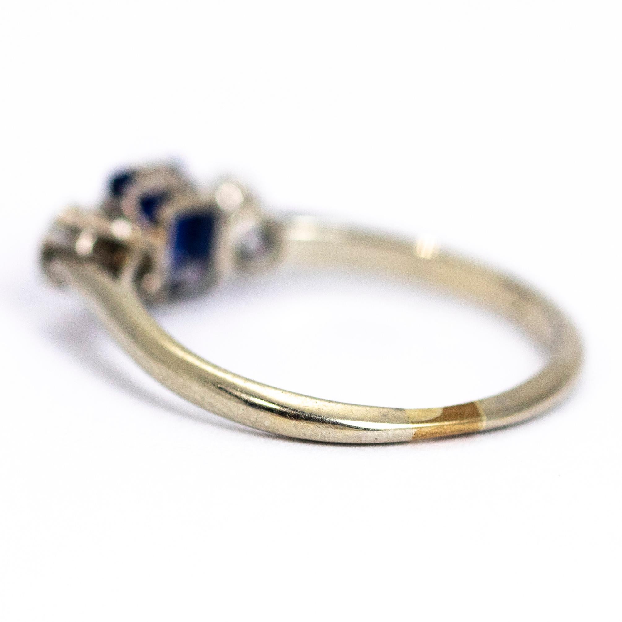 Old European Cut Edwardian 18 Carat Gold and Platinum Sapphire and Diamond Three-Stone Ring