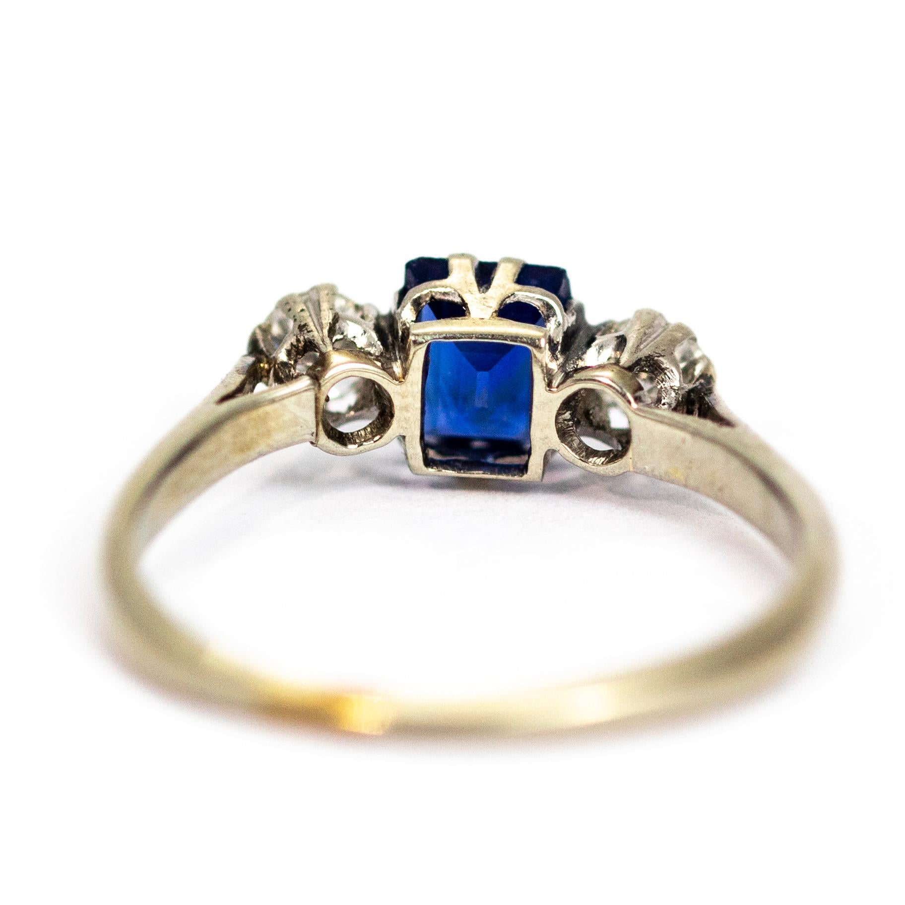 Edwardian 18 Carat Gold and Platinum Sapphire and Diamond Three-Stone Ring In Good Condition In Chipping Campden, GB