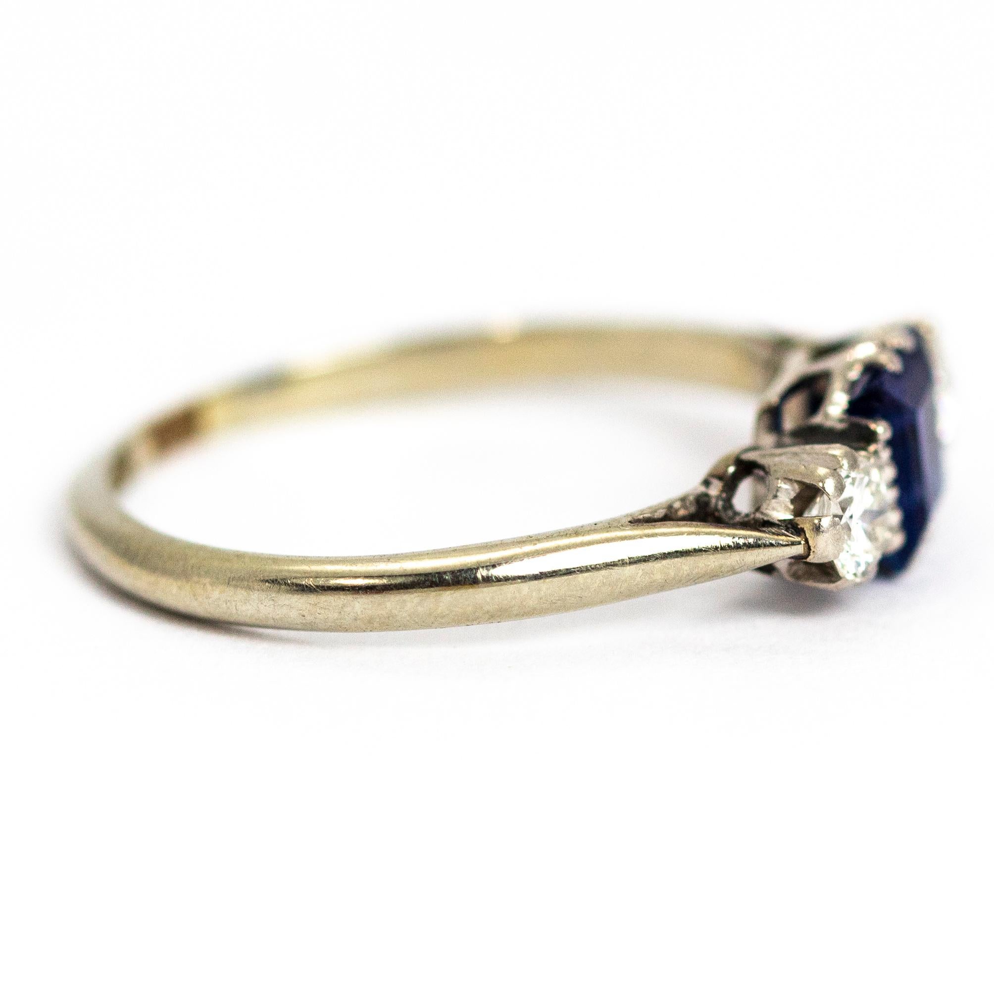 Women's or Men's Edwardian 18 Carat Gold and Platinum Sapphire and Diamond Three-Stone Ring
