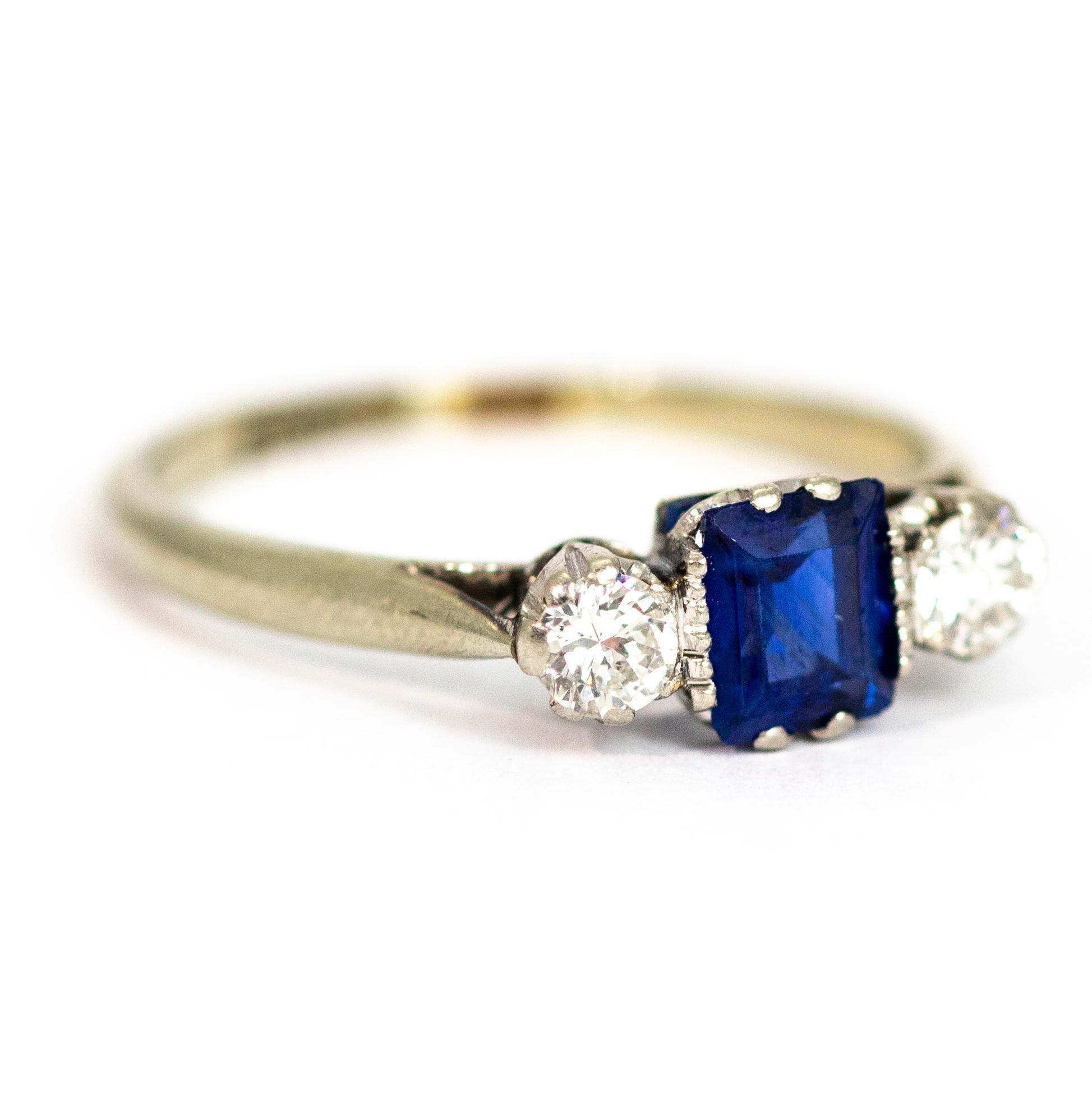 Edwardian 18 Carat Gold and Platinum Sapphire and Diamond Three-Stone Ring 1