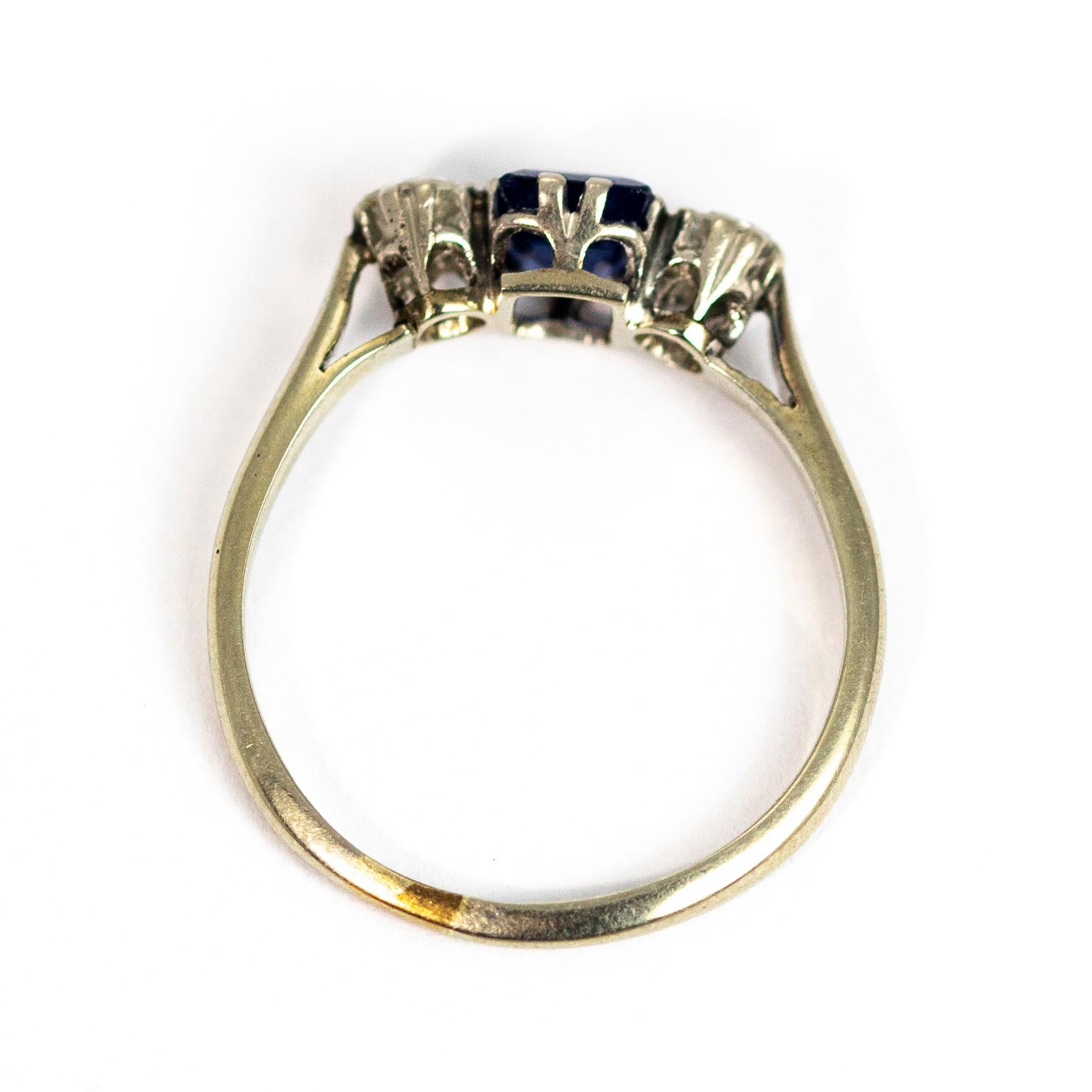 Edwardian 18 Carat Gold and Platinum Sapphire and Diamond Three-Stone Ring 2