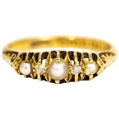 Edwardian 18 Carat Gold Diamond and Pearl Five-Stone Ring