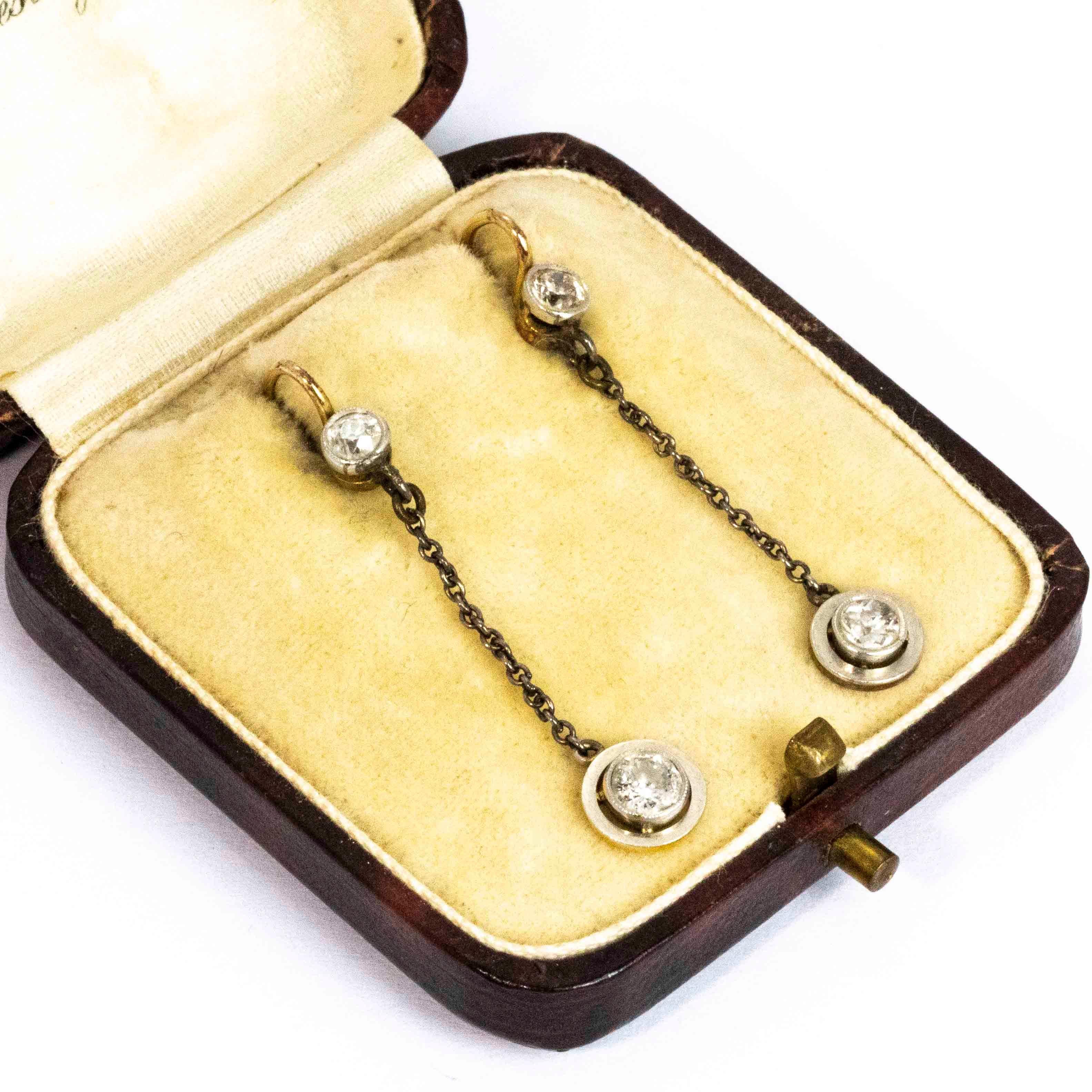 Old European Cut Edwardian 18 Carat Gold Diamond Dangle Earrings