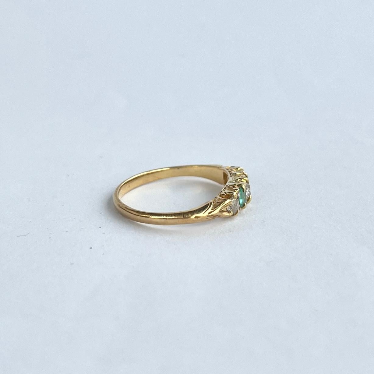 Edwardian 18 Carat Gold Emerald and Diamond Five-Stone Ring For Sale 1
