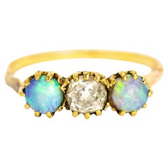Edwardian 18 Carat Gold Opal and Diamond Three-Stone Ring