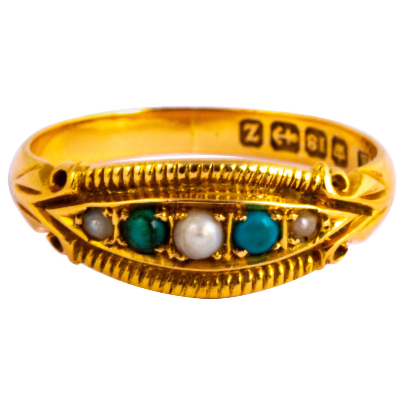 Edwardian 18 Carat Gold Pearl and Turquoise Five-Stone Ring For Sale