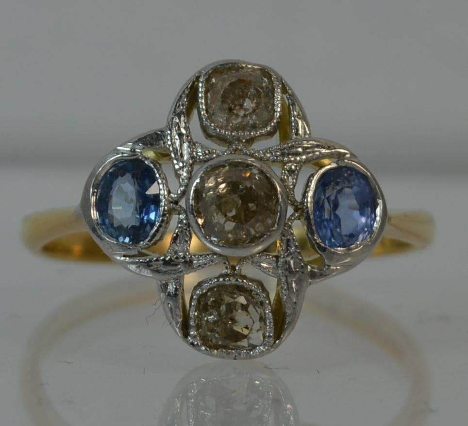 Edwardian 18 Carat Gold Platinum Ceylon Sapphire Old Cut Diamond Cluster Ring 7