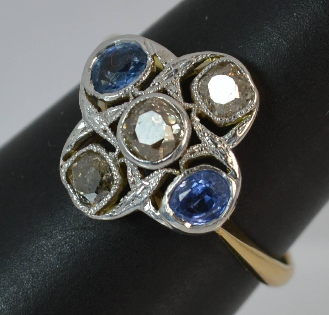 Edwardian 18 Carat Gold Platinum Ceylon Sapphire Old Cut Diamond Cluster Ring 8