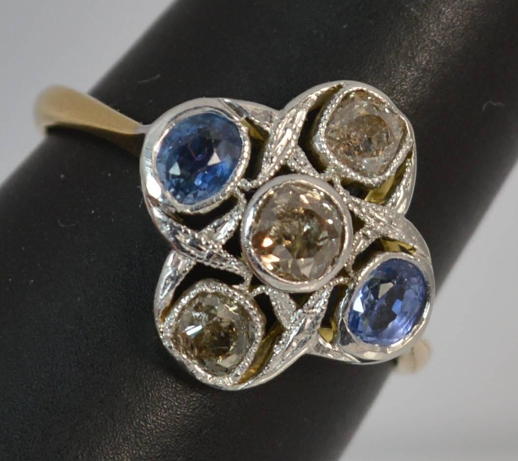 Edwardian 18 Carat Gold Platinum Ceylon Sapphire Old Cut Diamond Cluster Ring 9