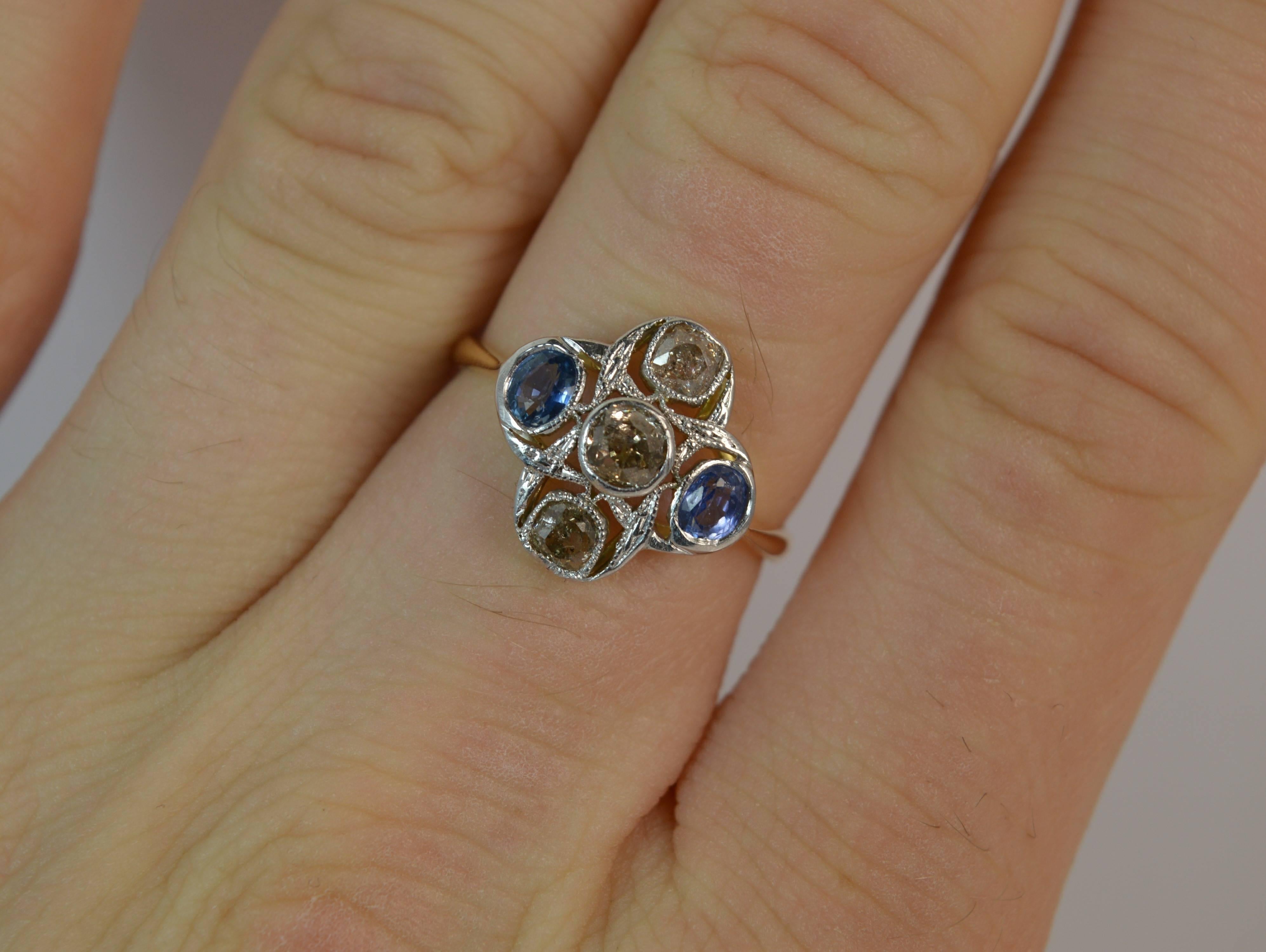 

A true antique ring modelled in 18 carat yellow gold with a platinum head.

​Designed with three old cut diamonds in a column and a sapphire to each side. Toal diamond carat weight approx 0.45 carats of champagne colour.

13.5mm x 13.5mm cluster