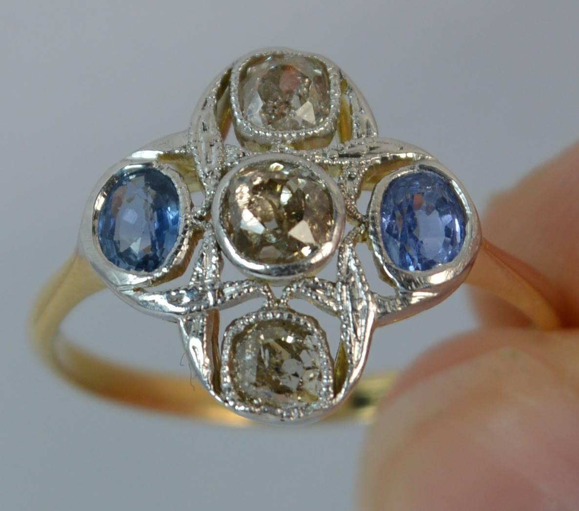 Edwardian 18 Carat Gold Platinum Ceylon Sapphire Old Cut Diamond Cluster Ring In Excellent Condition In St Helens, GB