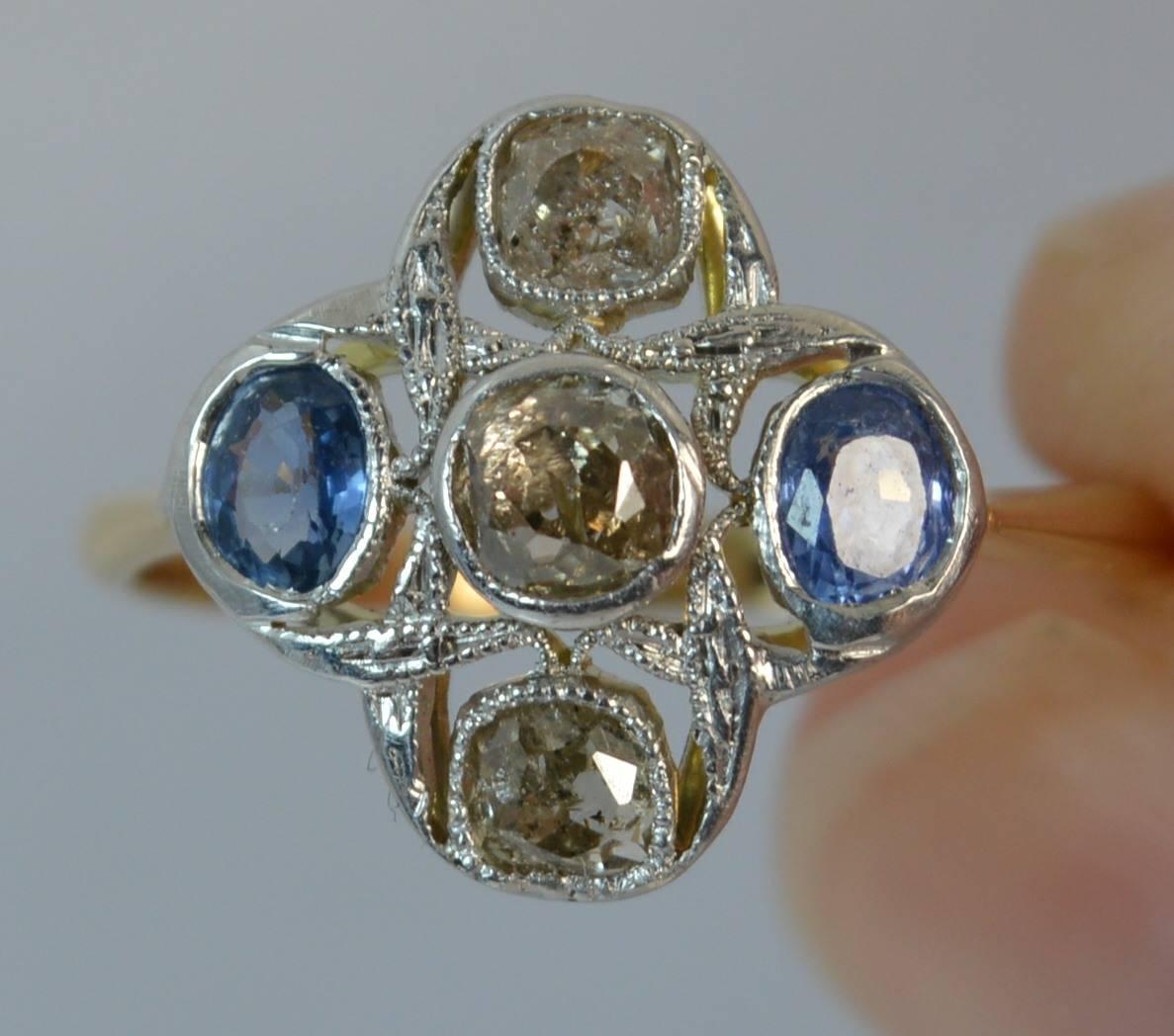 Women's Edwardian 18 Carat Gold Platinum Ceylon Sapphire Old Cut Diamond Cluster Ring