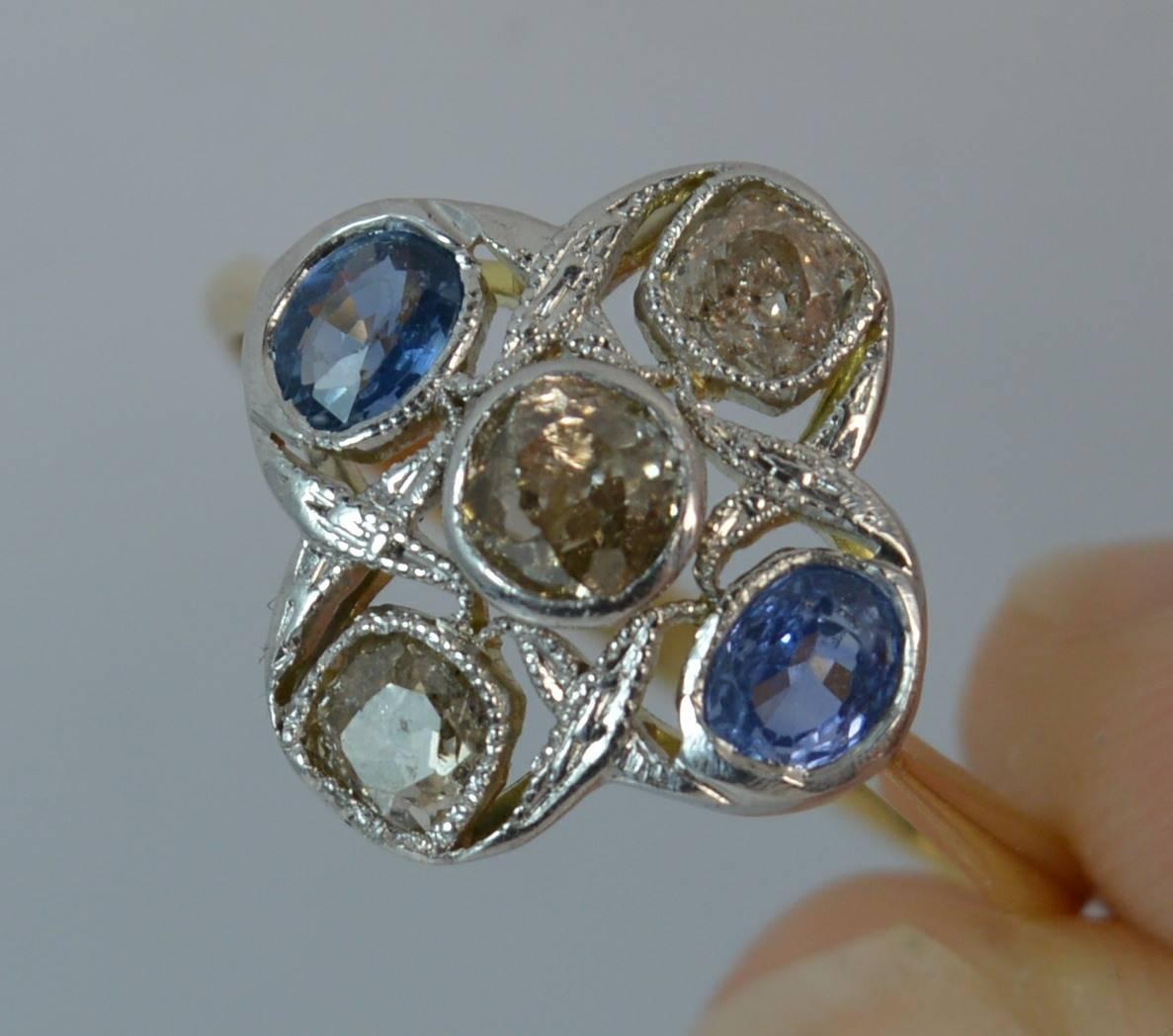 Edwardian 18 Carat Gold Platinum Ceylon Sapphire Old Cut Diamond Cluster Ring 1