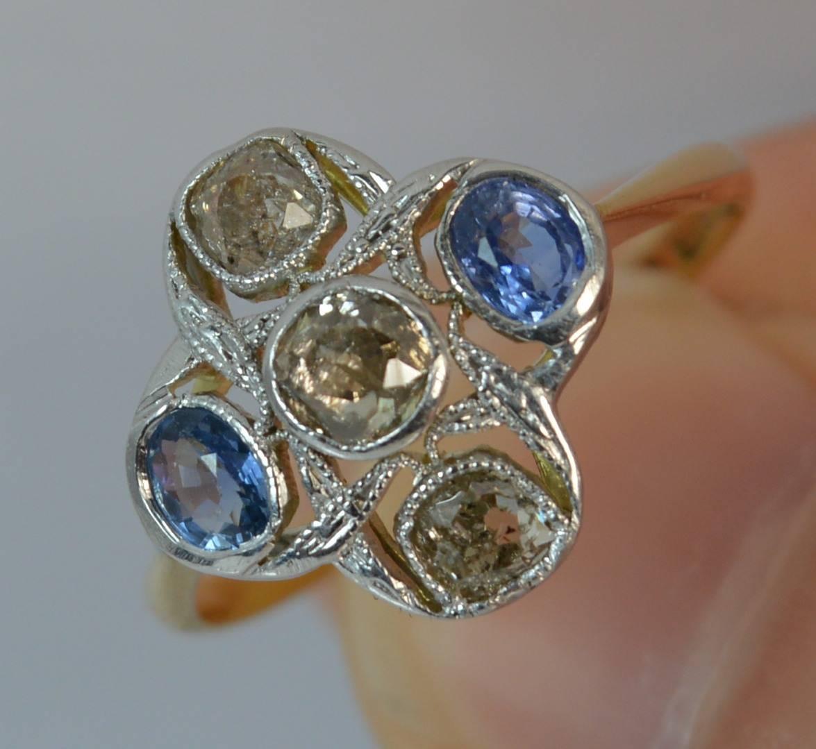 Edwardian 18 Carat Gold Platinum Ceylon Sapphire Old Cut Diamond Cluster Ring 3