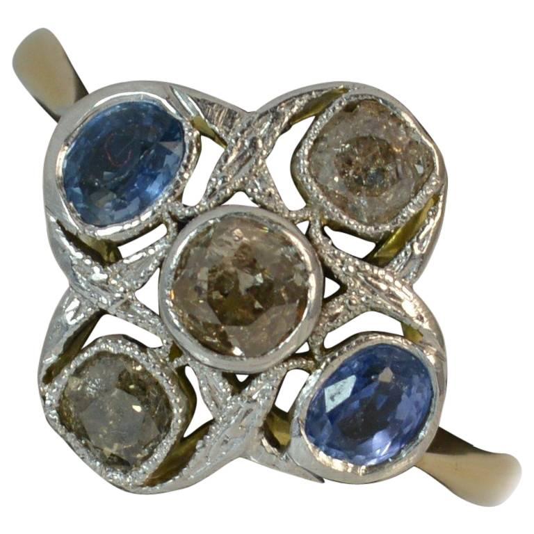 Edwardian 18 Carat Gold Platinum Ceylon Sapphire Old Cut Diamond Cluster Ring