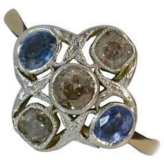 Vintage Edwardian 18 Carat Gold Platinum Ceylon Sapphire Old Cut Diamond Cluster Ring