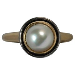 Vintage Edwardian 18 Carat Gold Platinum Pearl Solitaire Halo Ring