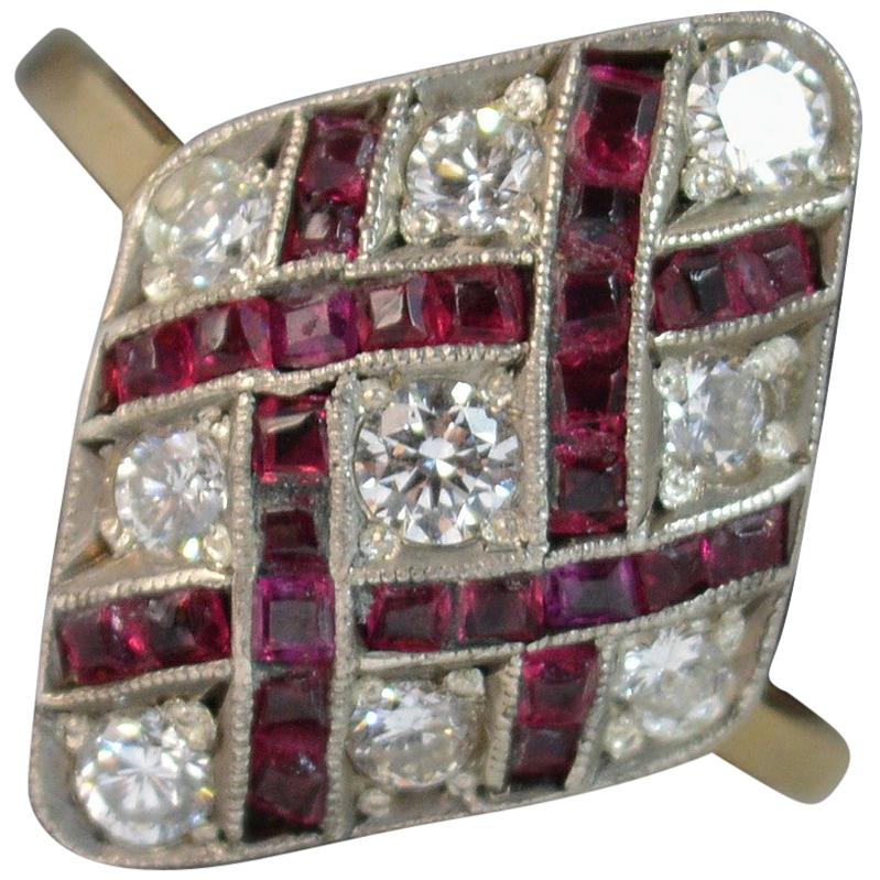 Edwardian 18 Carat Gold Ruby and Diamond Navette Cluster Ring d0294