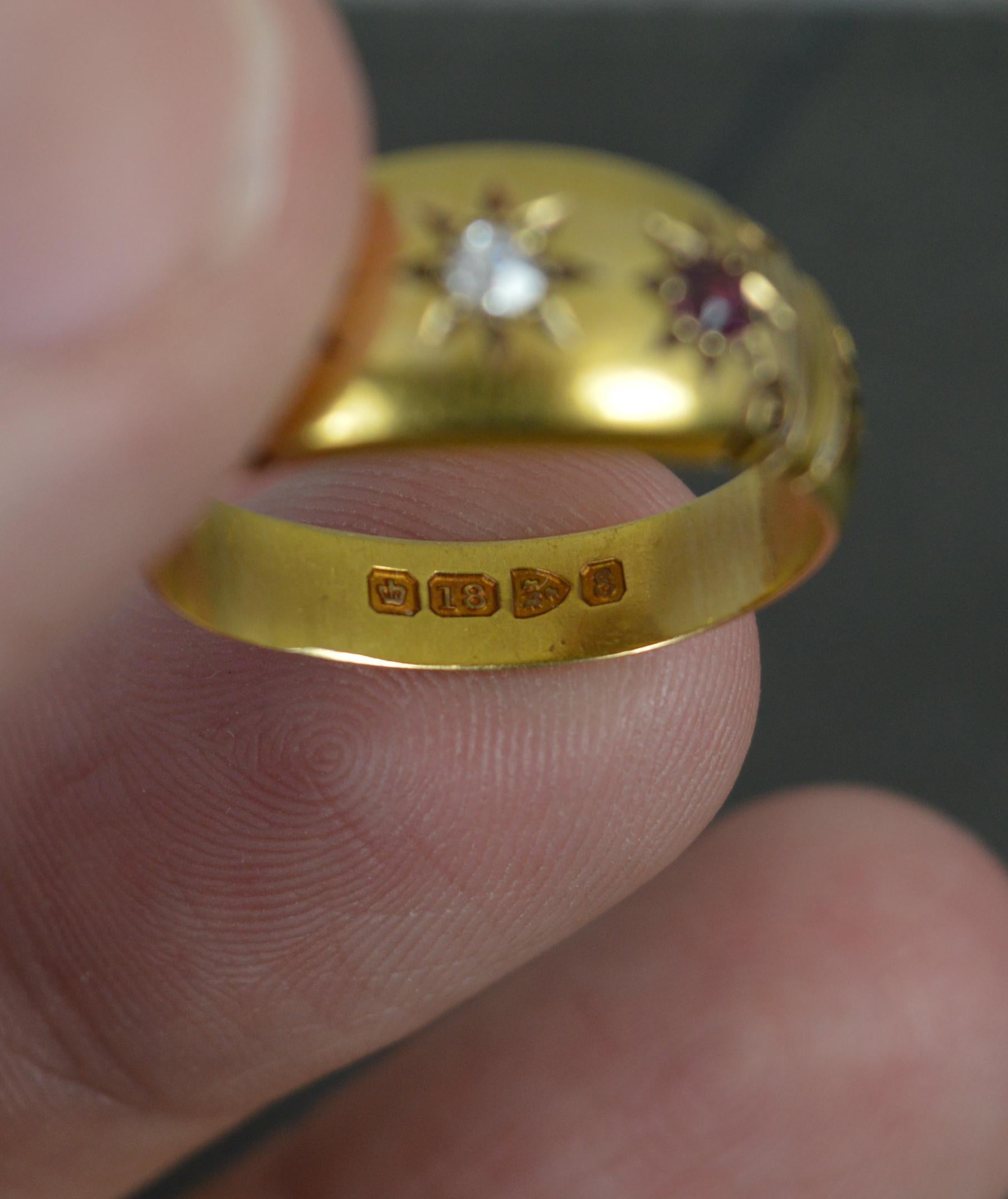 Women's Edwardian 18 Carat Gold Ruby and Diamond Trilogy Gypsy Band Ring