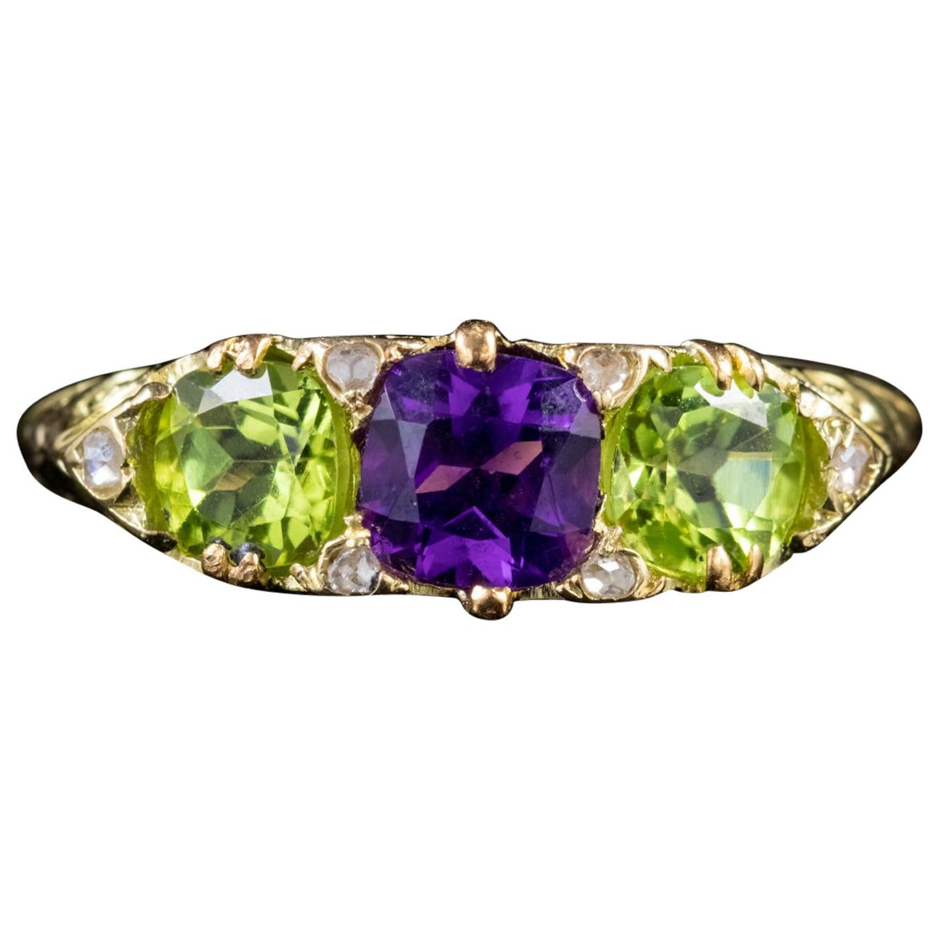 Edwardian 18 Carat Gold Suffragette Ring Peridot Amethyst Diamond, circa 1915