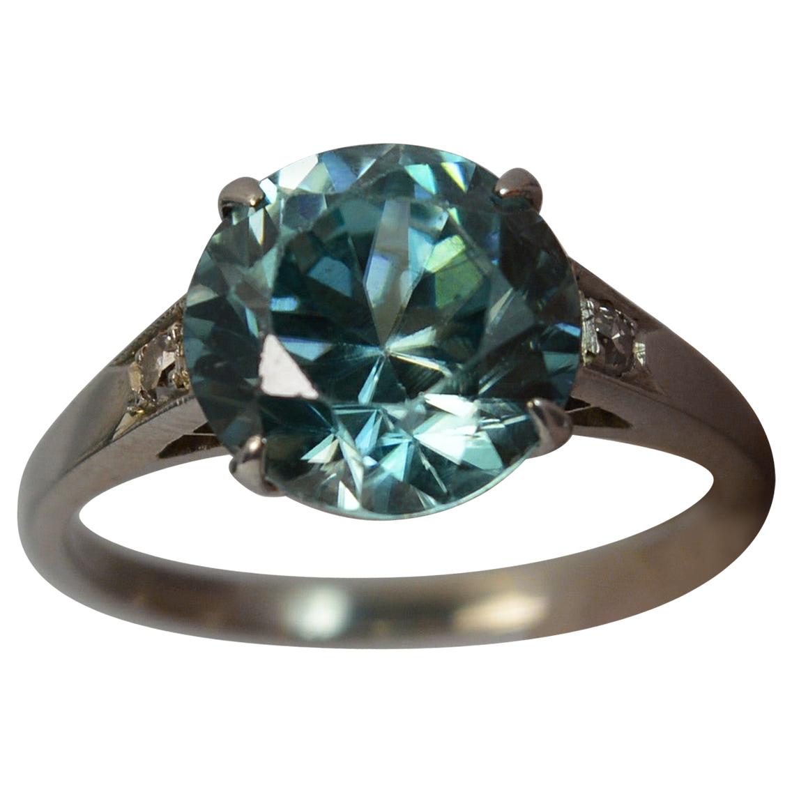 Edwardian 18 Carat White Gold Blue Zircon and Diamond Ring
