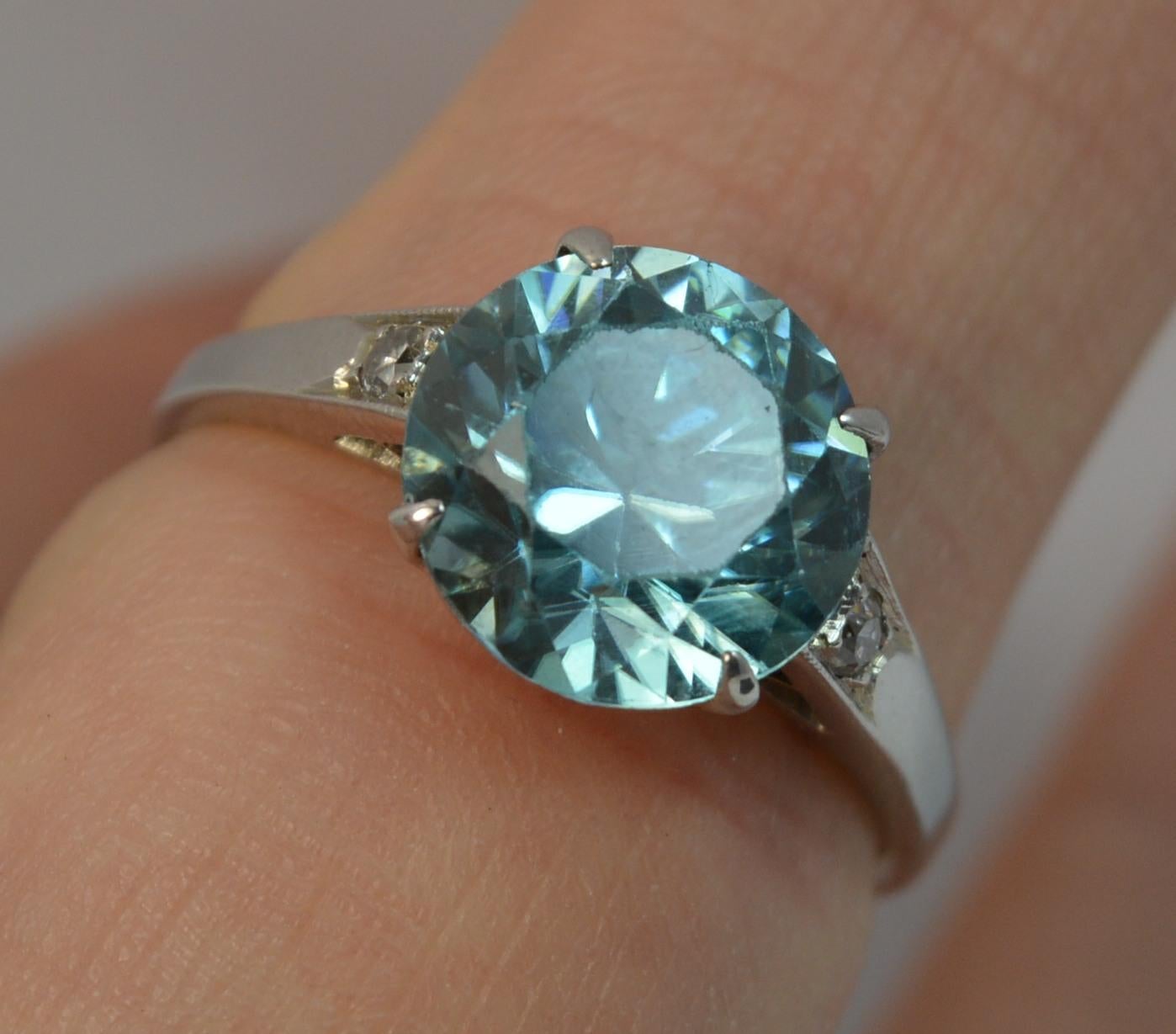 Edwardian 18 Carat White Gold Blue Zircon and Diamond Ring 3