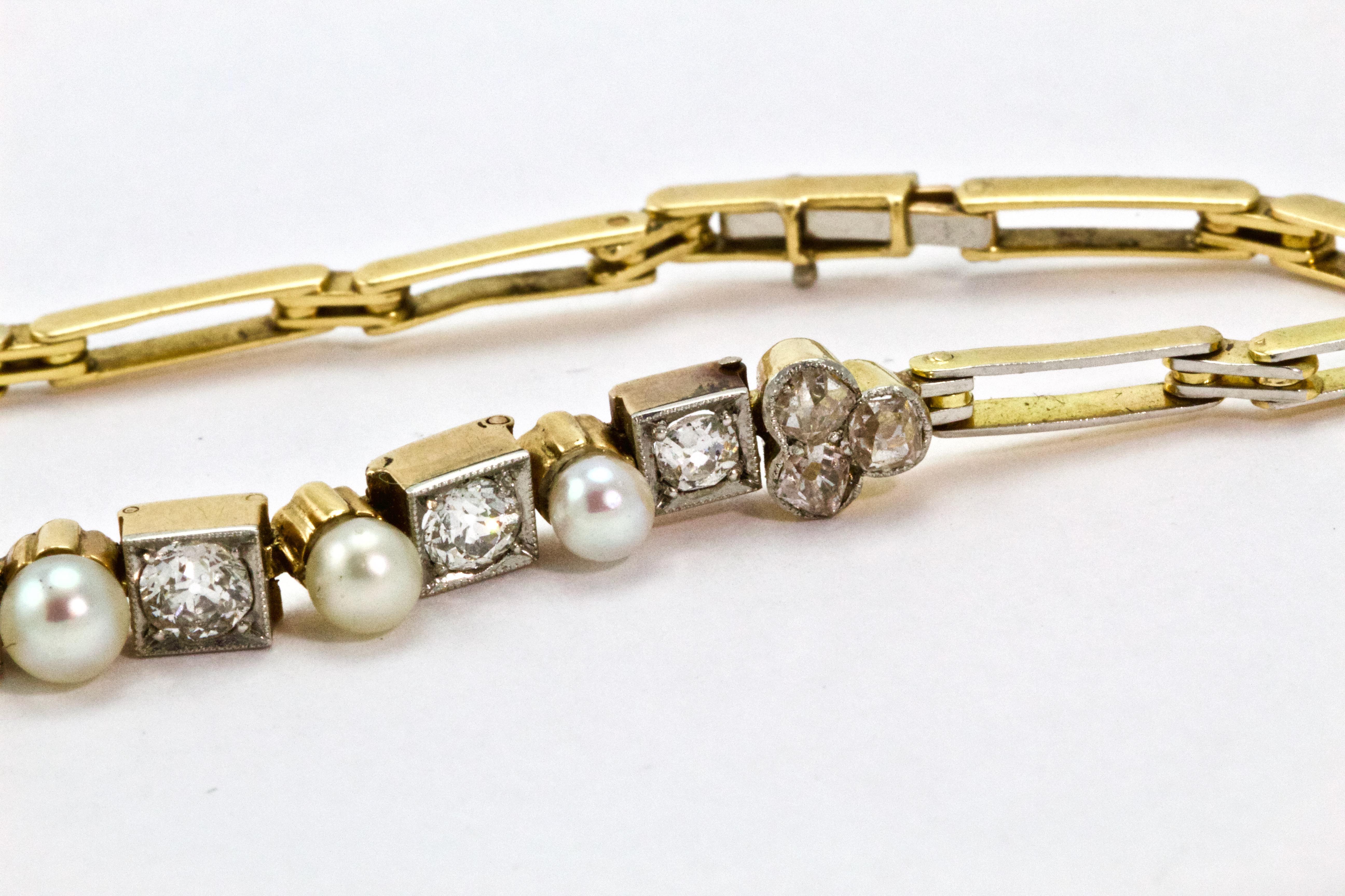 Edwardian 18 Carat Yellow Gold and Platinum Pearl and Diamond Bracelet In Excellent Condition In Chipping Campden, GB