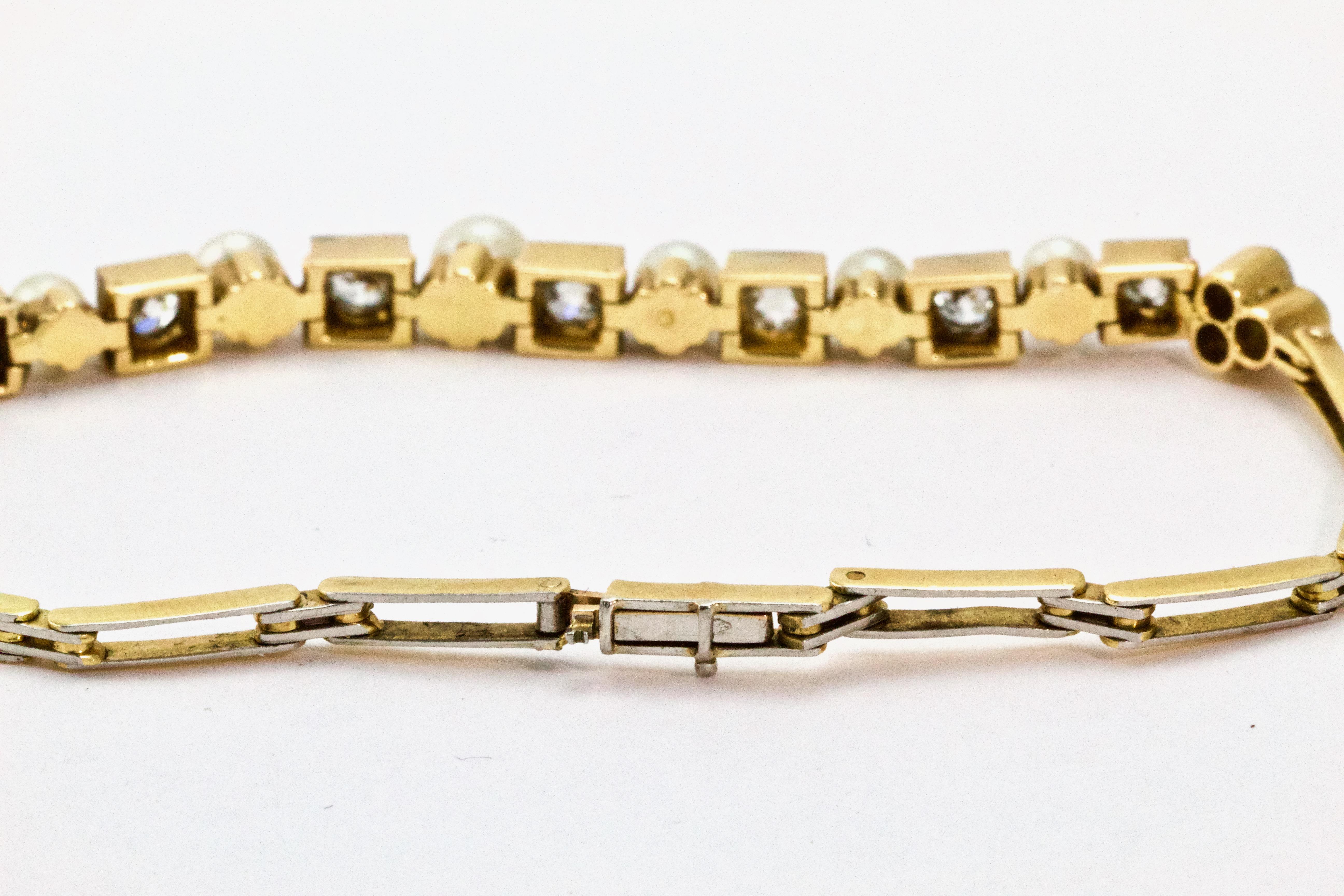 Women's Edwardian 18 Carat Yellow Gold and Platinum Pearl and Diamond Bracelet