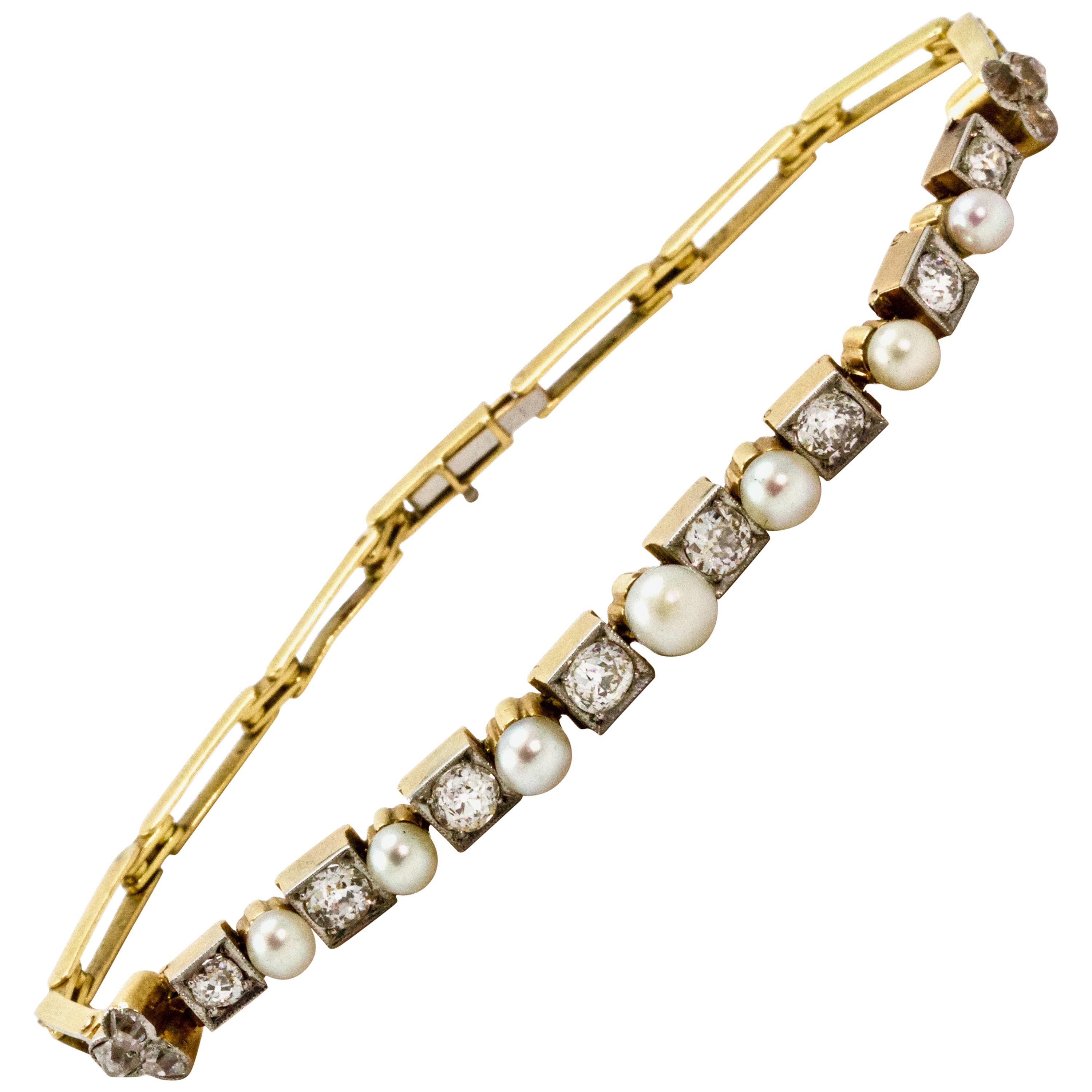 Edwardian 18 Carat Yellow Gold and Platinum Pearl and Diamond Bracelet