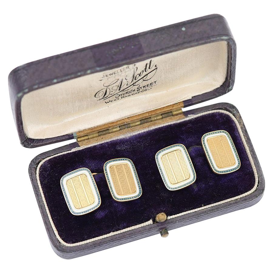 Edwardian 18 Karat Blue and White Enamel Cufflinks in Original Box