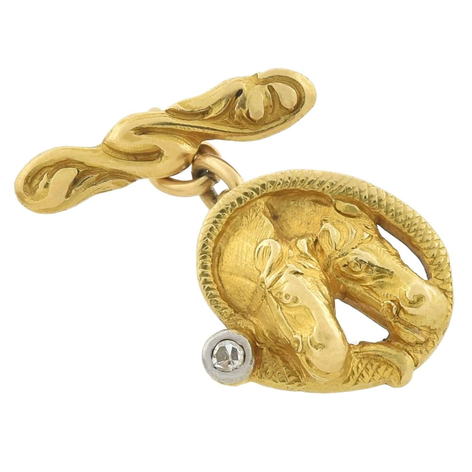 Édouardien Boutons de manchette édouardiens en forme de cheval à double cheval en or 18 carats et diamants en vente