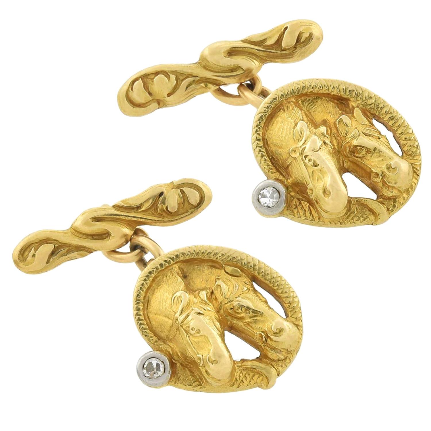 Boutons de manchette édouardiens en forme de cheval à double cheval en or 18 carats et diamants en vente