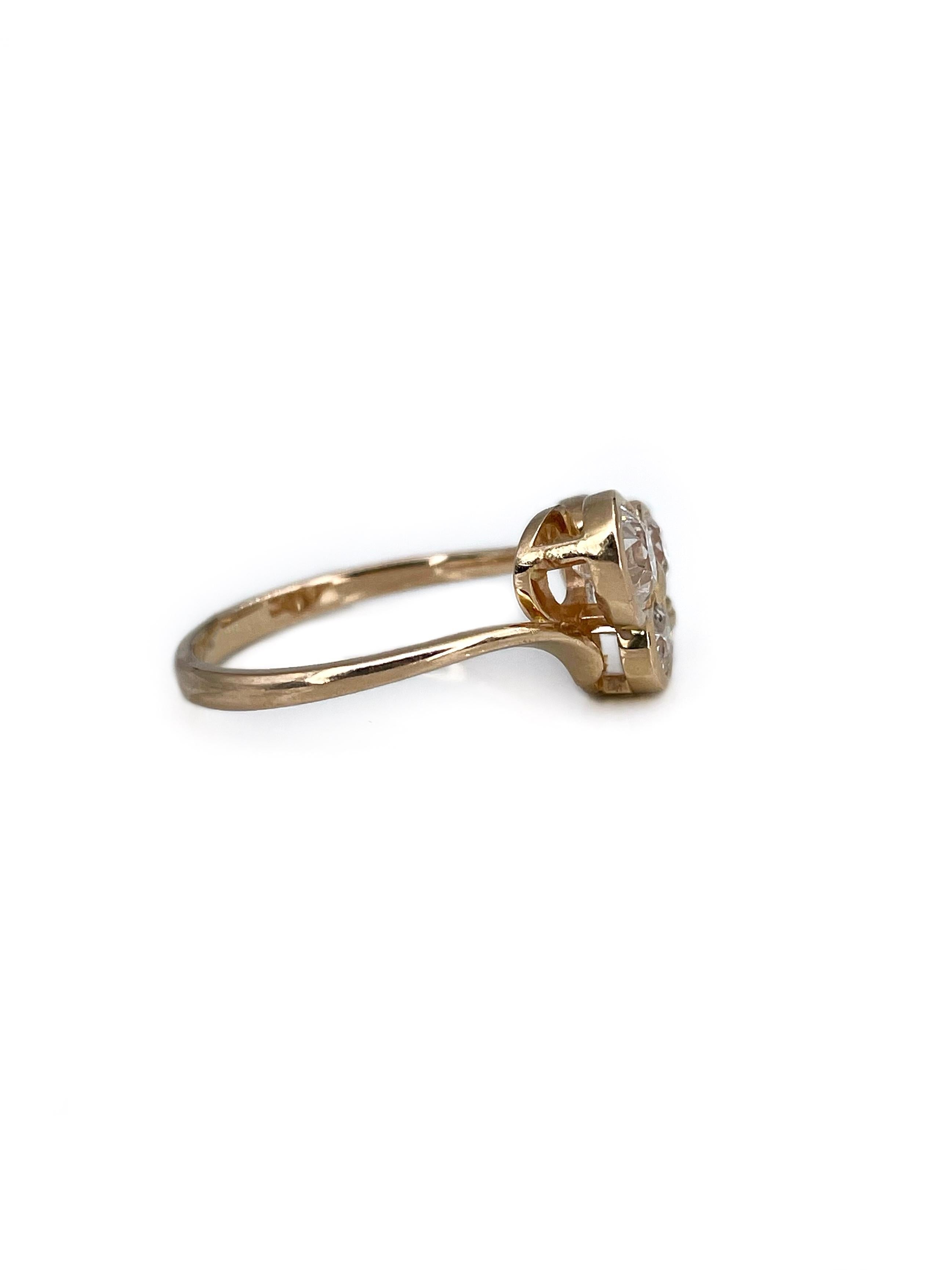 Edwardian 18 Karat Gold 0.84 Carat Old Cut Diamond Three Leaf Clover Ring In Good Condition In Vilnius, LT