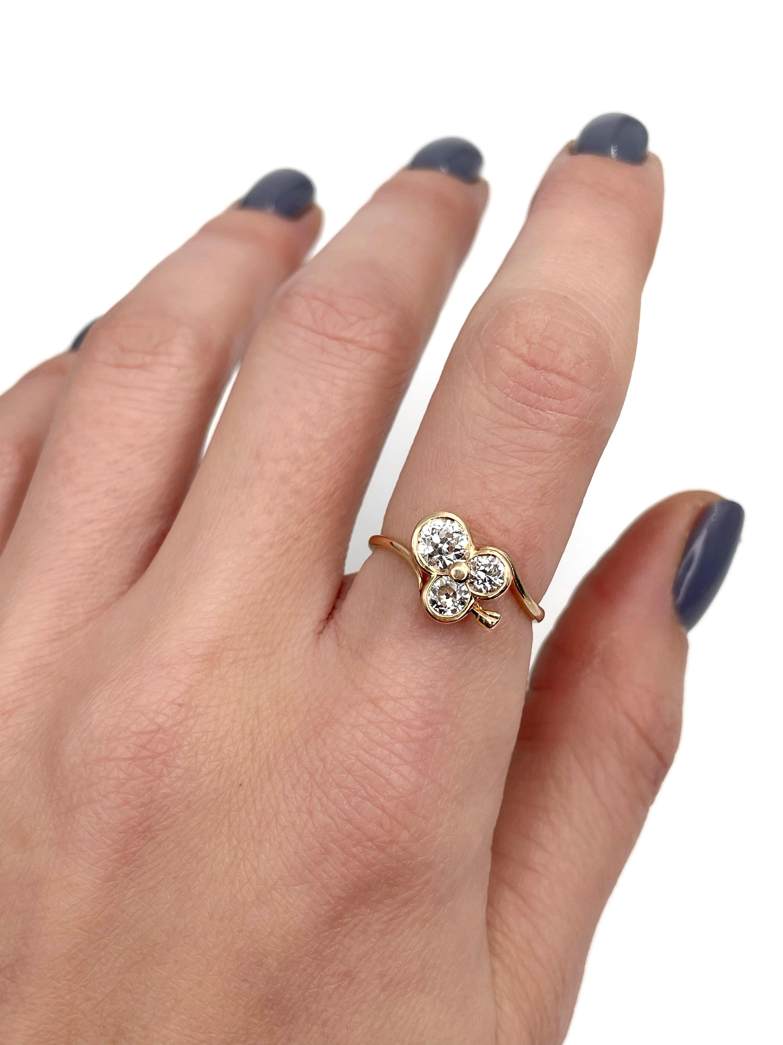 Women's Edwardian 18 Karat Gold 0.84 Carat Old Cut Diamond Three Leaf Clover Ring