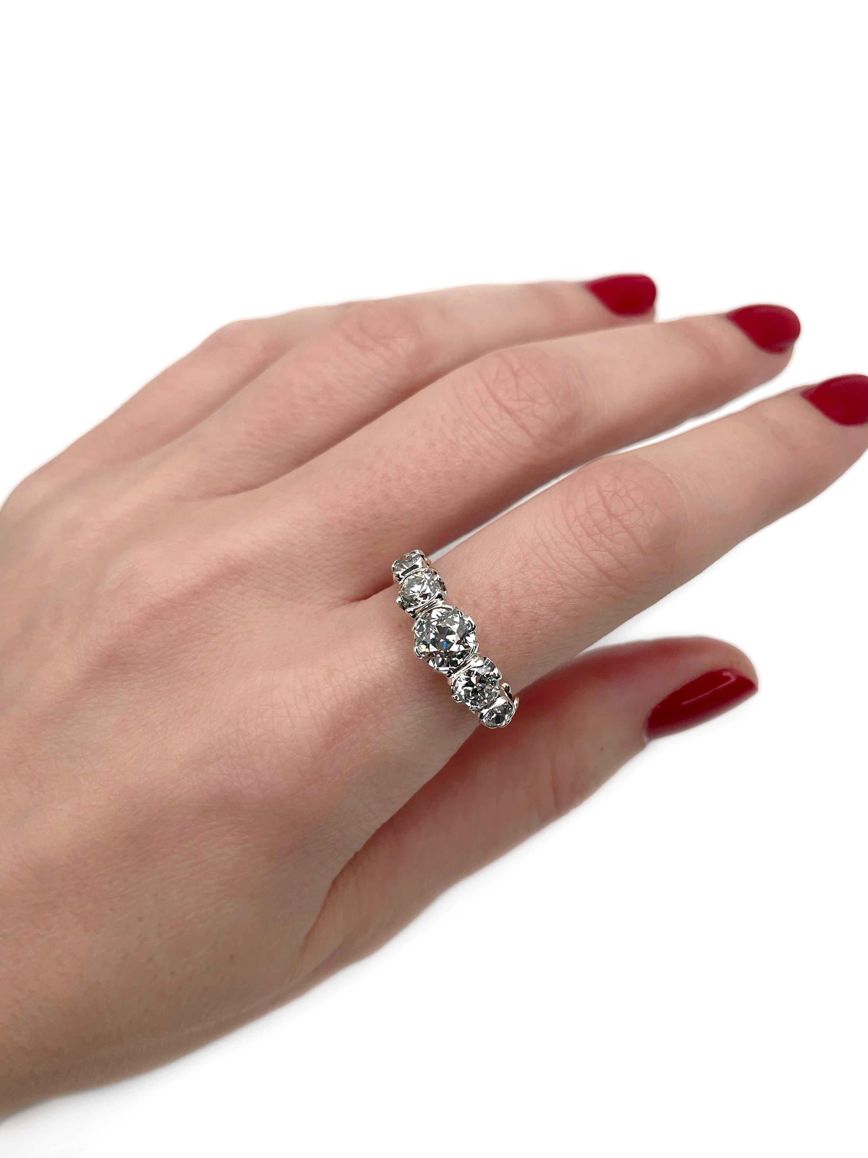 Il s'agit d'une bague édouardienne à cinq pierres en or 18 carats. La pièce comporte des diamants de taille européenne ancienne : TW ~1.91ct, G-H, VS-SI2. Vers 1910. 

Poids : 3.64 g
Taille : 18 (US 7.75)

IMPORTANT : veuillez vous renseigner sur la