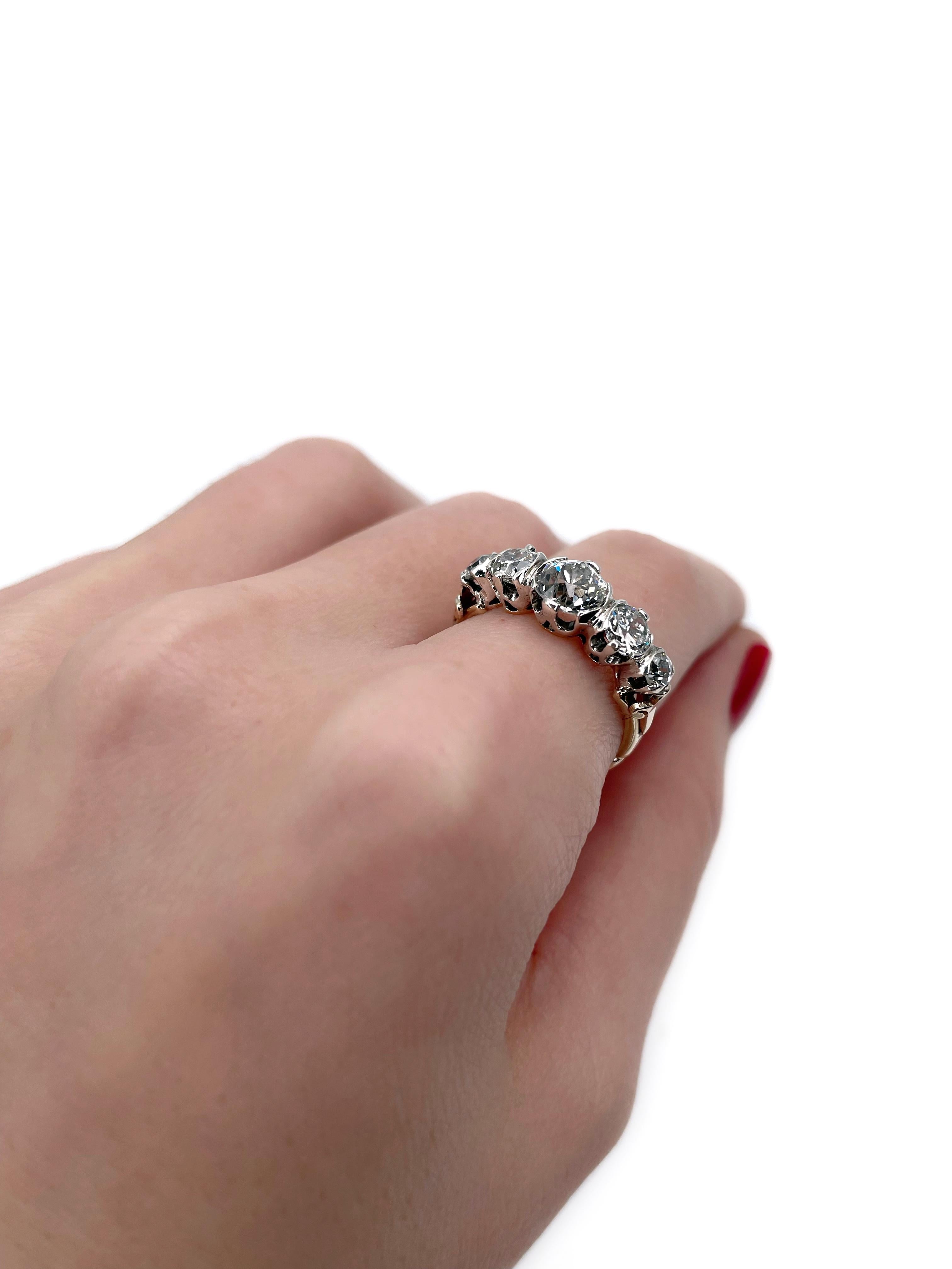 Édouardien Bague édouardienne en or 18 carats ~1.91 carat Old European Cut Diamond Five-Stone Ring en vente