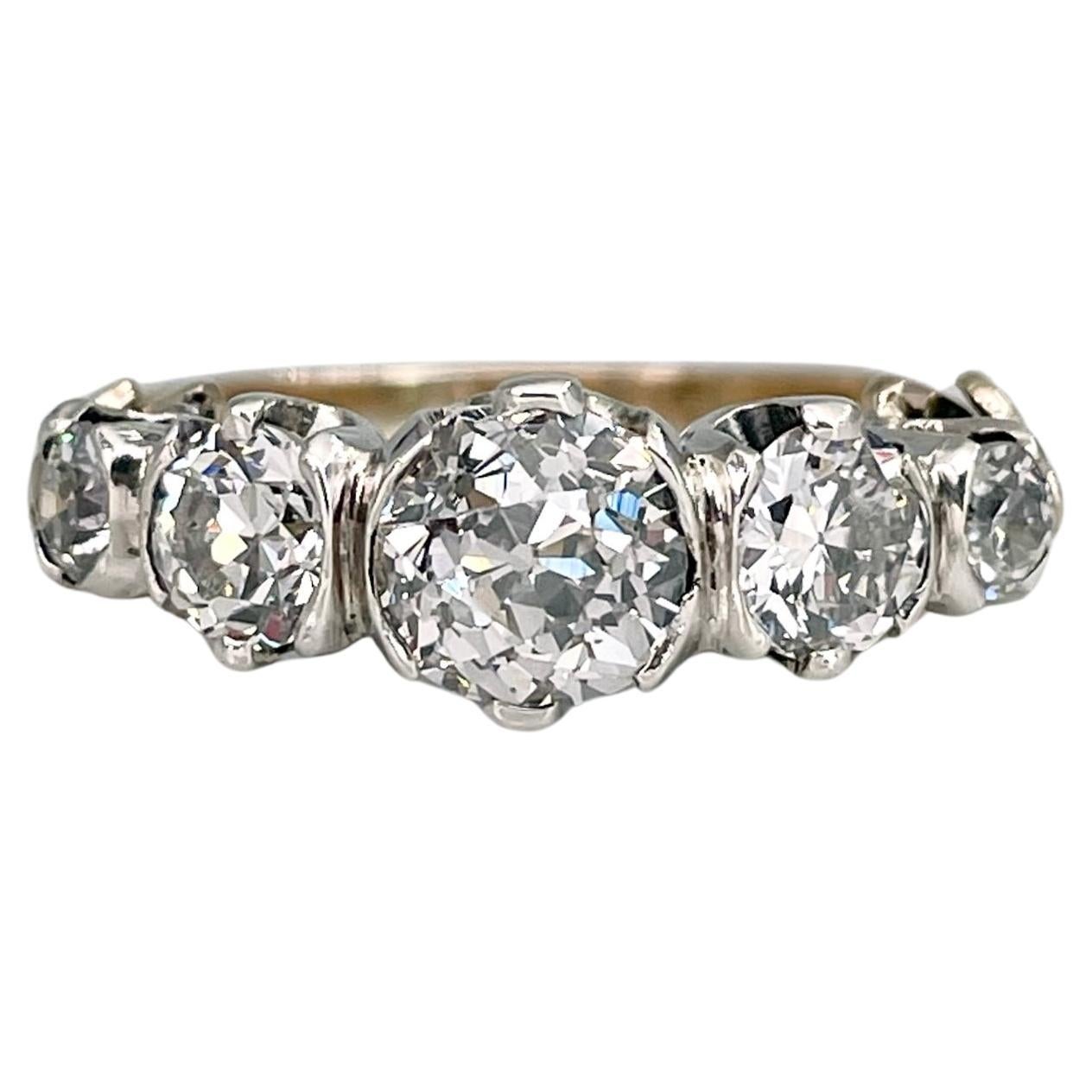 Anello edoardiano in oro 18 carati ~1,91 carati di diamante vecchio taglio europeo a cinque pietre