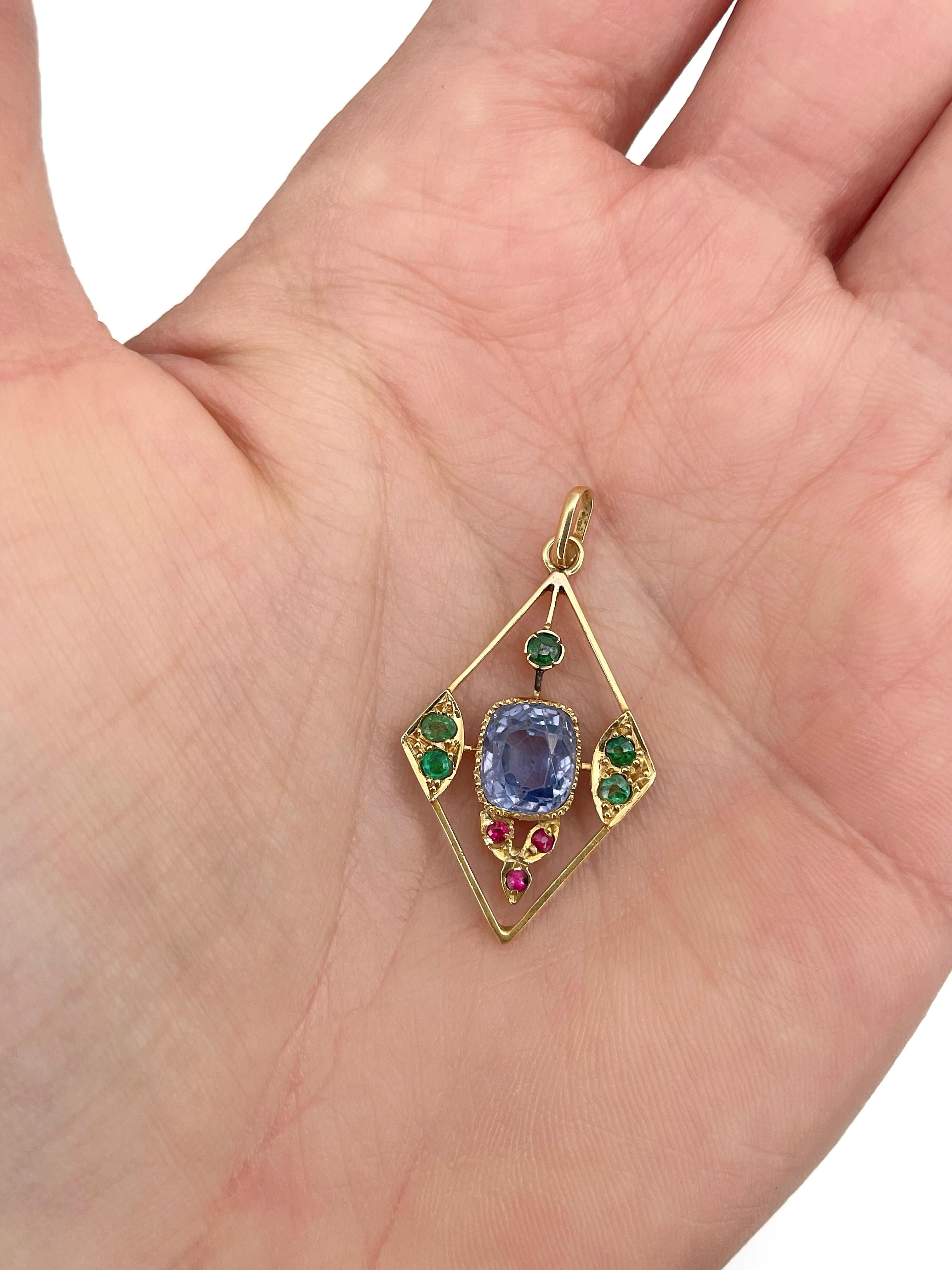 Edwardian 18 Karat Gold 2.35 Carat Sapphire Emerald Ruby Rhombus Pendant 1