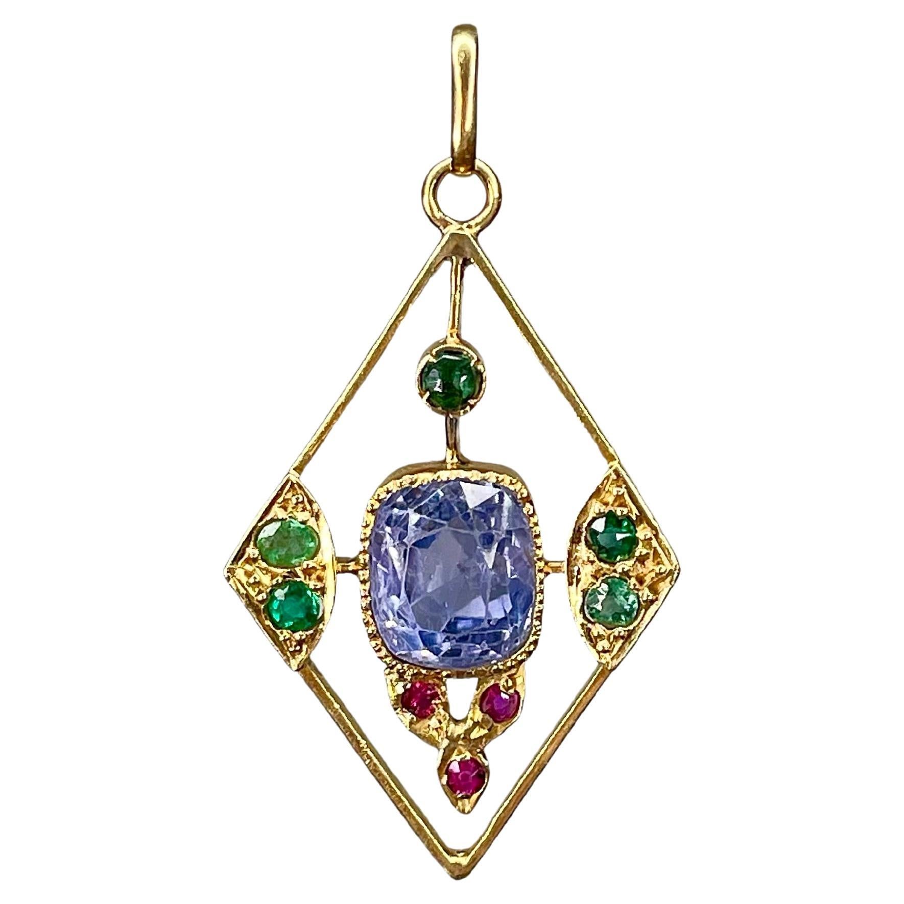 Edwardian 18 Karat Gold 2.35 Carat Sapphire Emerald Ruby Rhombus Pendant