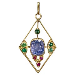 Edwardian 18 Karat Gold 2.35 Carat Sapphire Emerald Ruby Rhombus Pendant