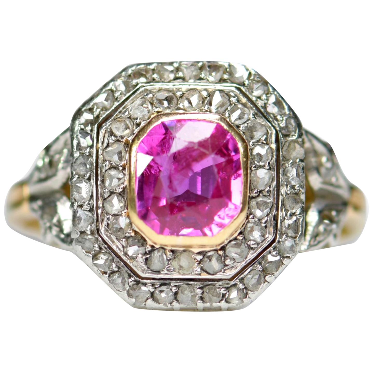 Edwardian 18 Karat Gold and Platinum Pink Sapphire Rose Diamond Cluster Ring