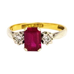 Antique Edwardian 18 Karat Gold and Platinum Ruby and Diamond Three-Stone Rung