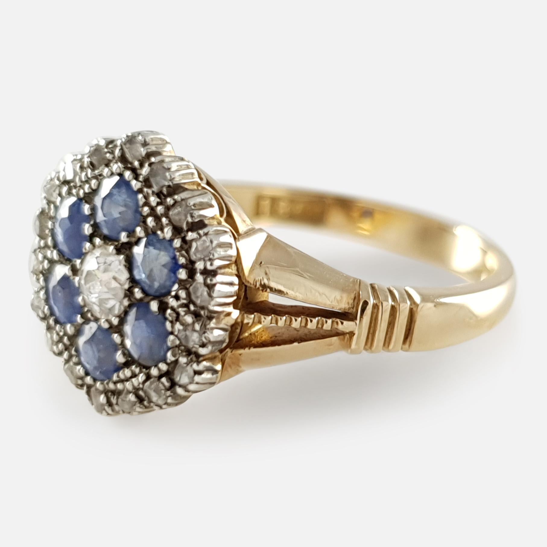 Edwardian 18 Karat Gold Diamond and Blue Sapphire Cluster Ring 3