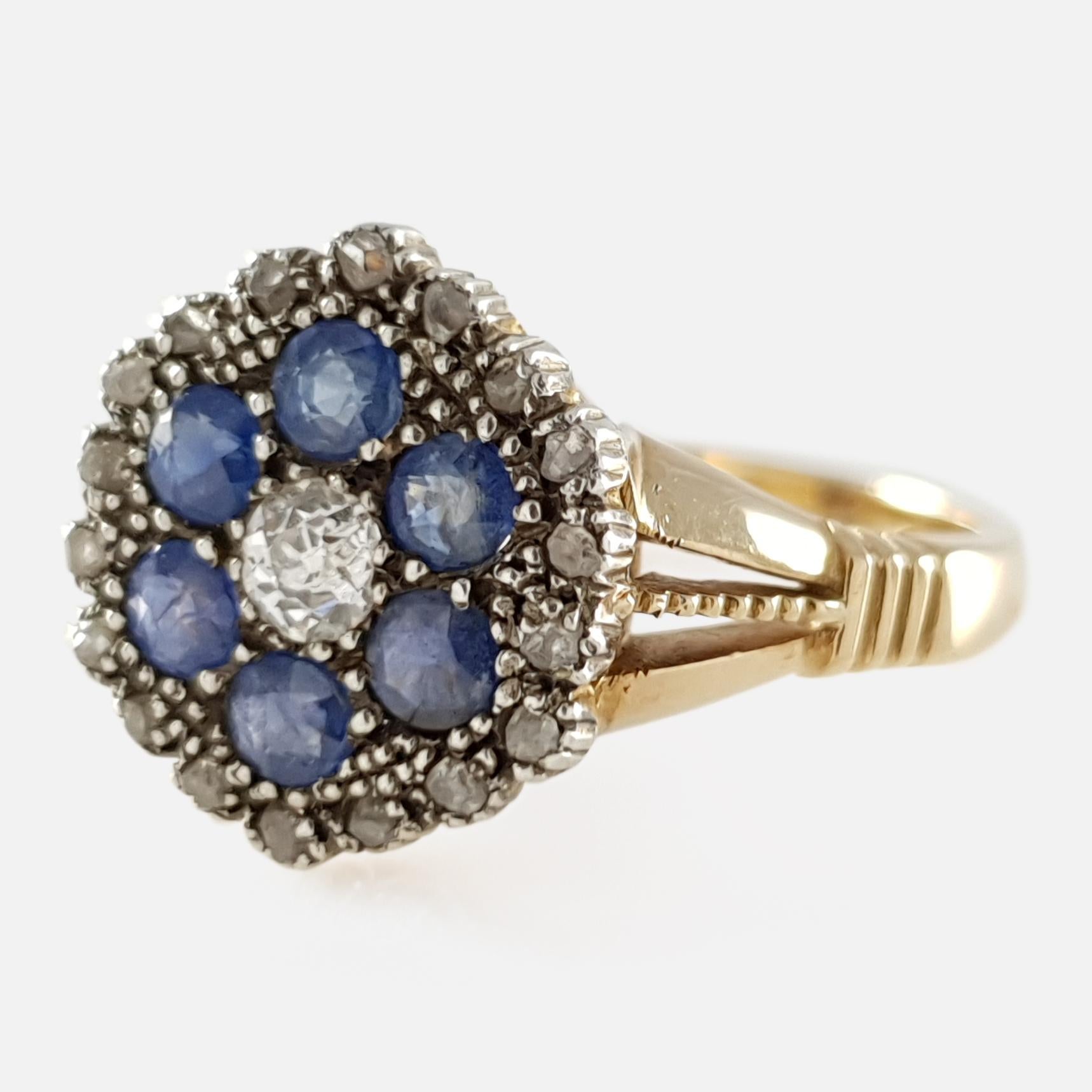 Edwardian 18 Karat Gold Diamond and Blue Sapphire Cluster Ring 4