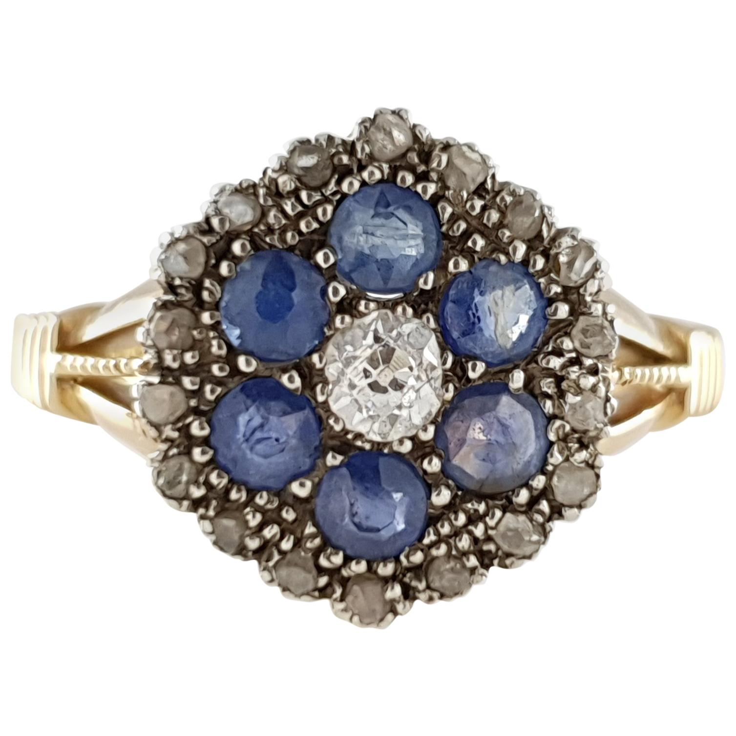 Edwardian 18 Karat Gold Diamond and Blue Sapphire Cluster Ring
