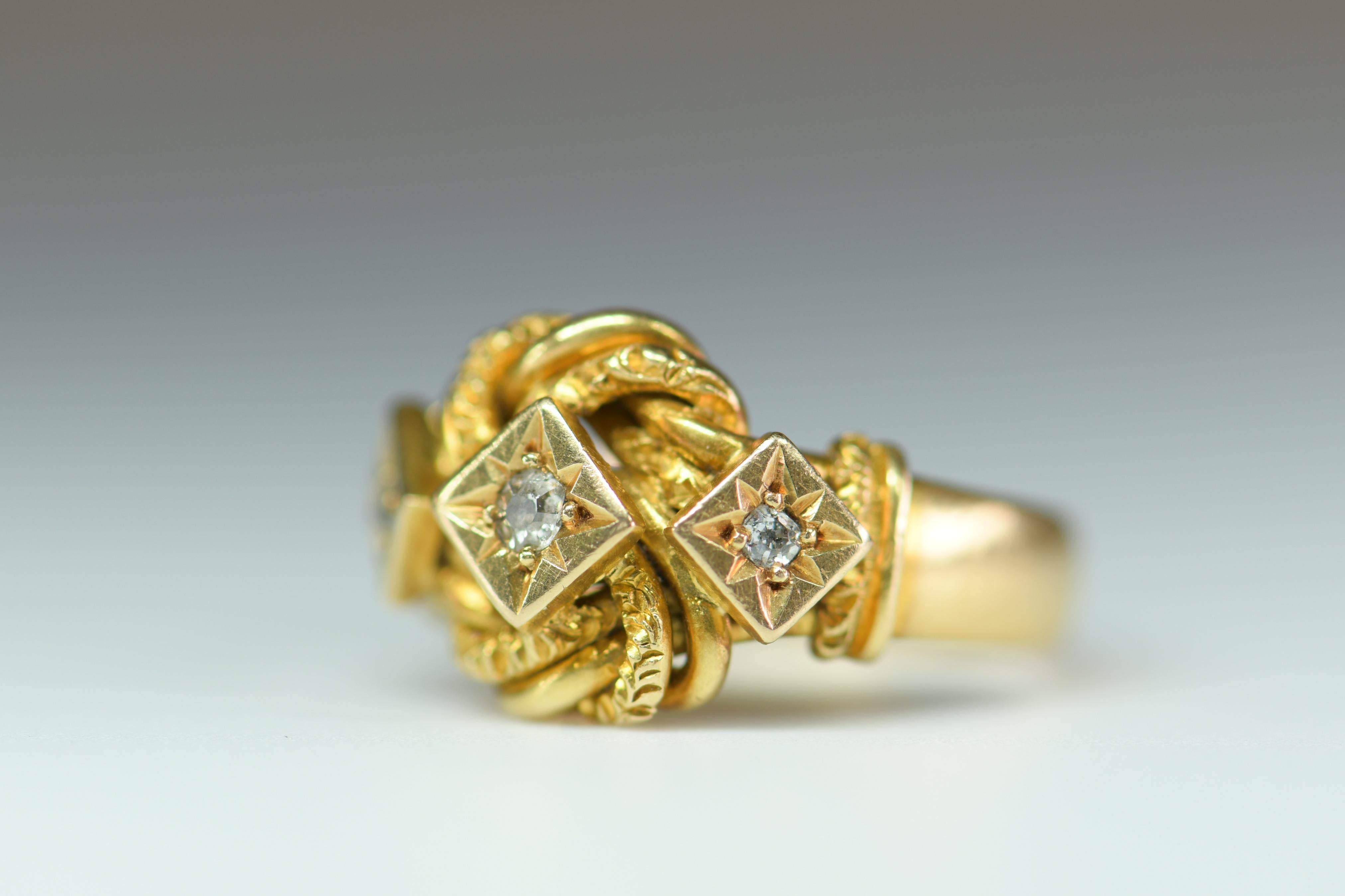 Old European Cut Edwardian 18 Karat Gold Diamond Love Knot Ring