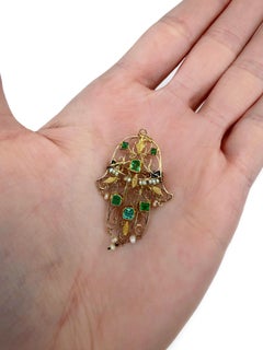 Edwardian 18 Karat Gold Emerald Pearl Hamsa Fatima Hand Pendant Brooch