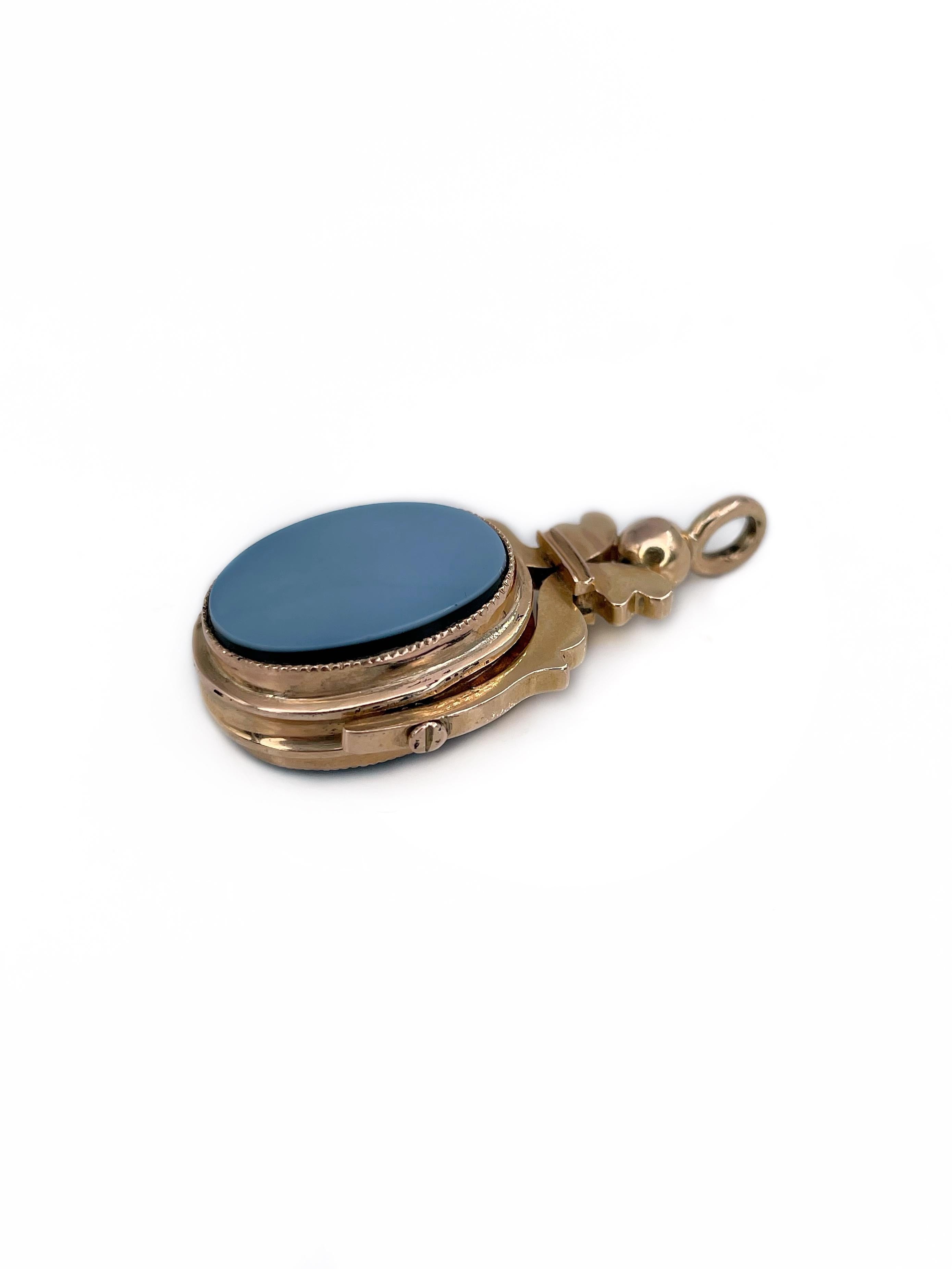 Taille ovale Collier pendentif édouardien à double bouton pivotant en or 18 carats et sardonyx gris et bleu en vente