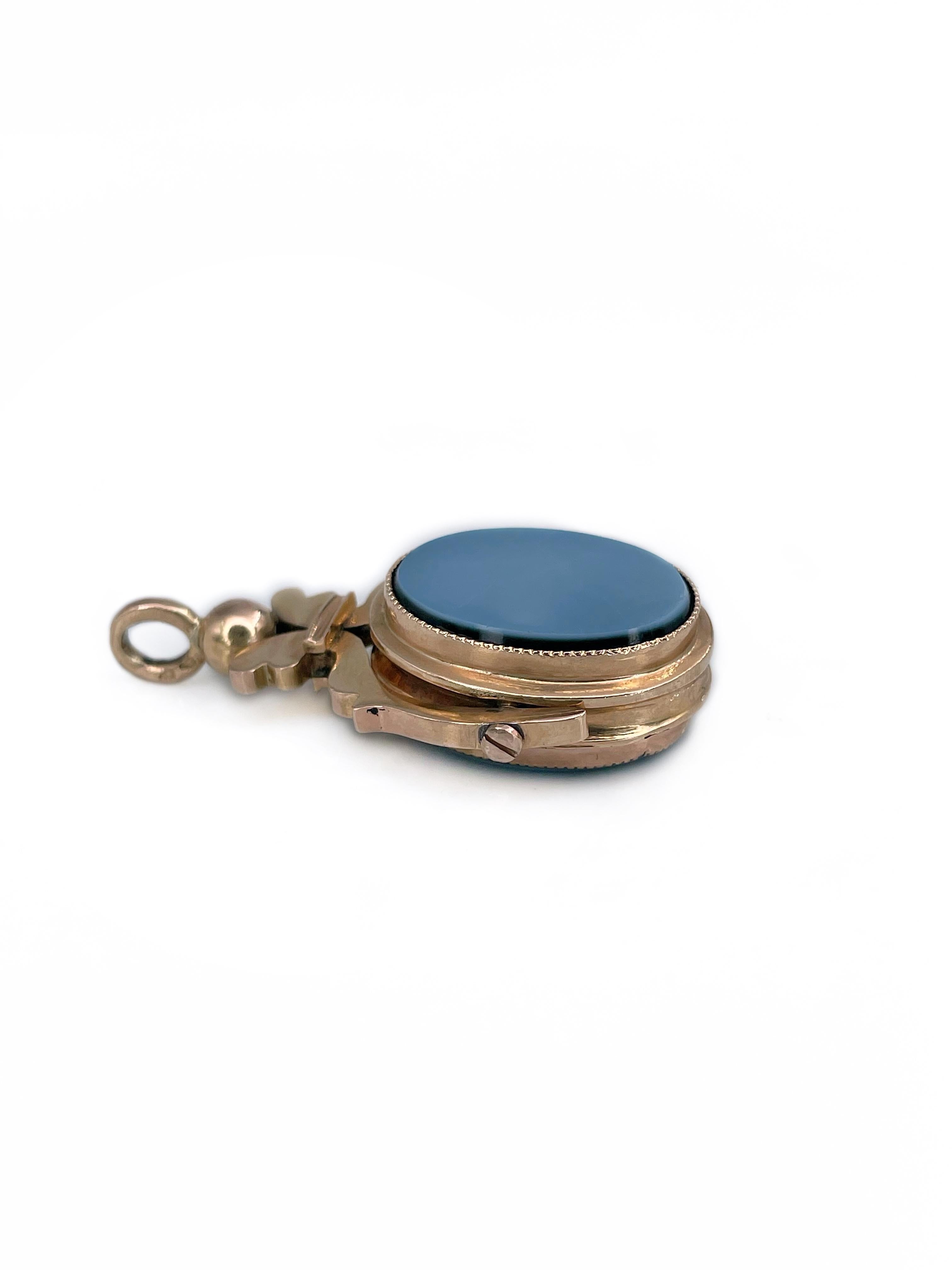 Collier pendentif édouardien à double bouton pivotant en or 18 carats et sardonyx gris et bleu Unisexe en vente