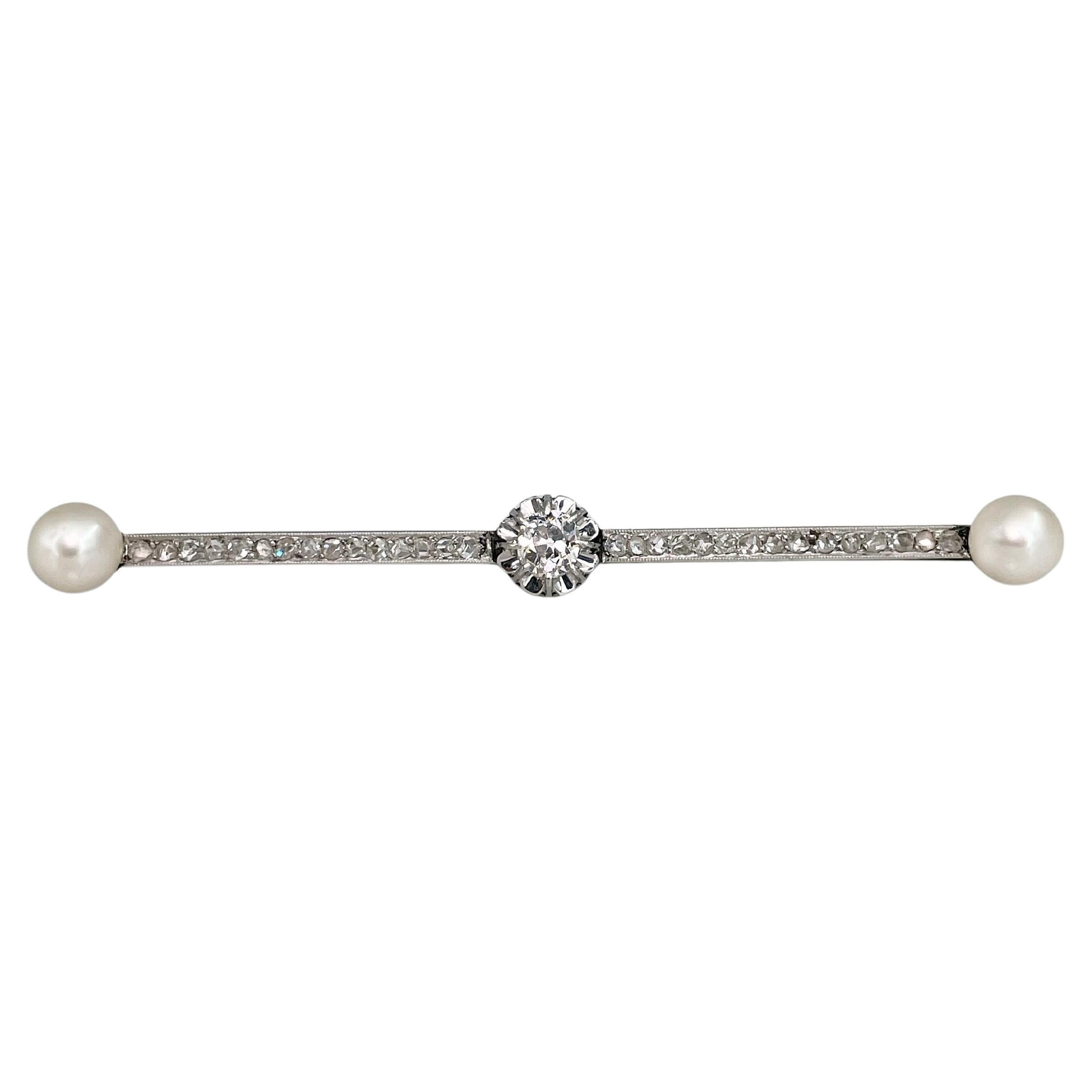 Edwardian 18 Karat Gold Old Cut Diamond Cultured Pearl Bar Brooch